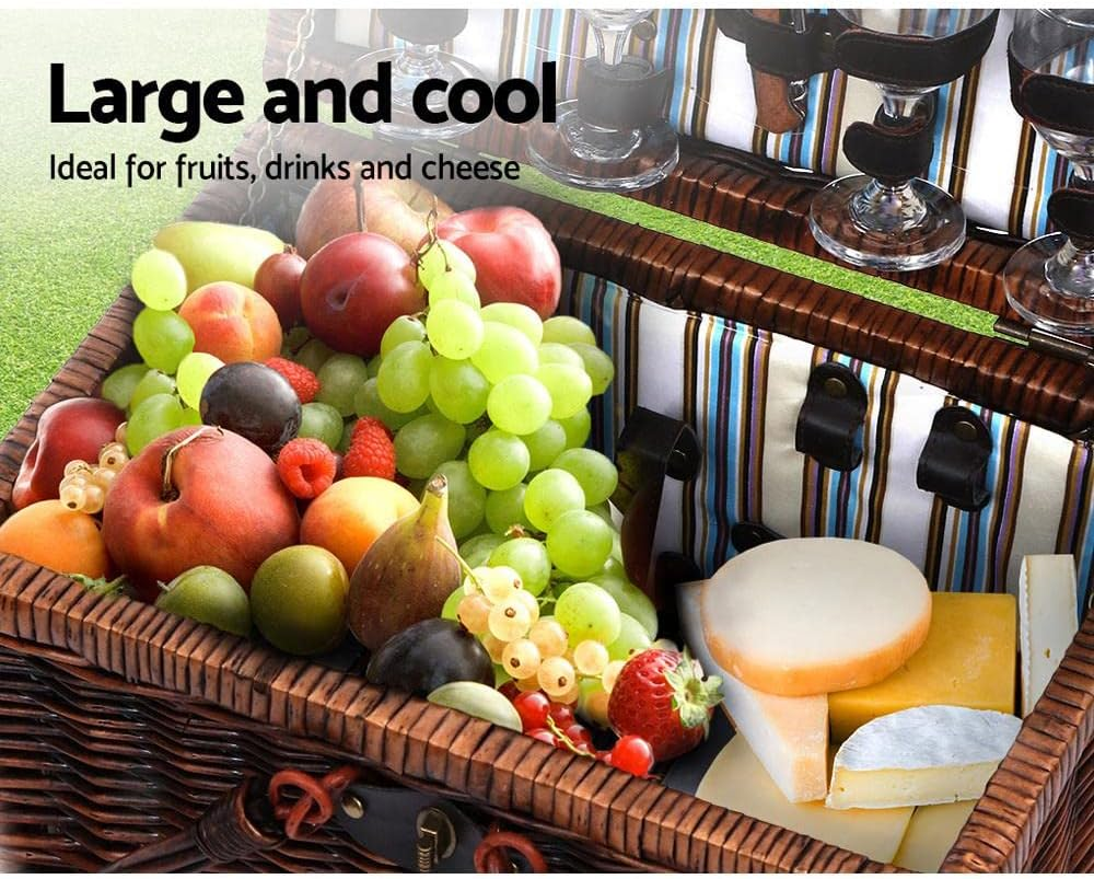 Alfresco Outdoor Insulated Liquor 4 Person Folding Deluxe Picnic Basket Set