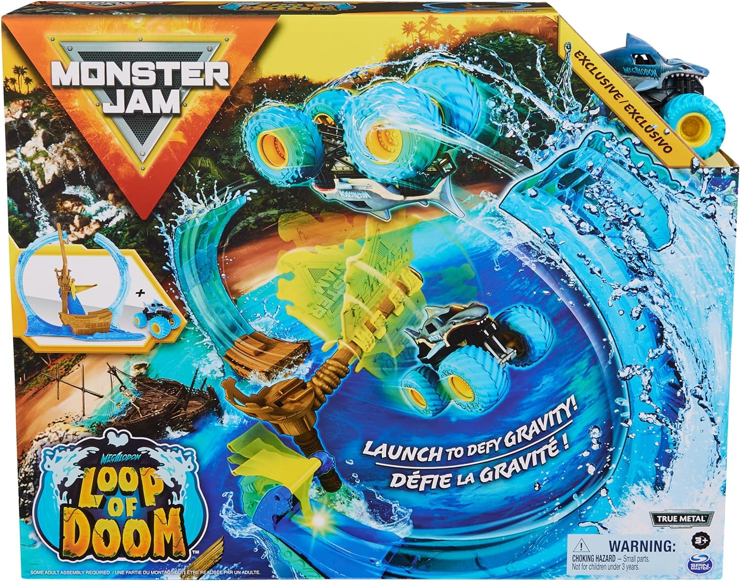 Monster Jam, Megalodon Loop of Doom Stunt Playset with Exclusive 1:64 Scale Die-Cast Monster Truck for Kids Toys for Boys Ages 3 4 5 6 and Up
