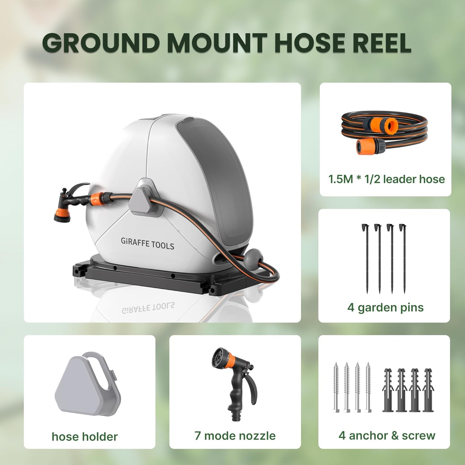 Giraffe Tools Retractable Hose Reel with 25M, Heavy Duty Ground Mount Garden Hose Reel, with 9-Function Sprayer Nozzle & Flexible Swivel Base image number 4