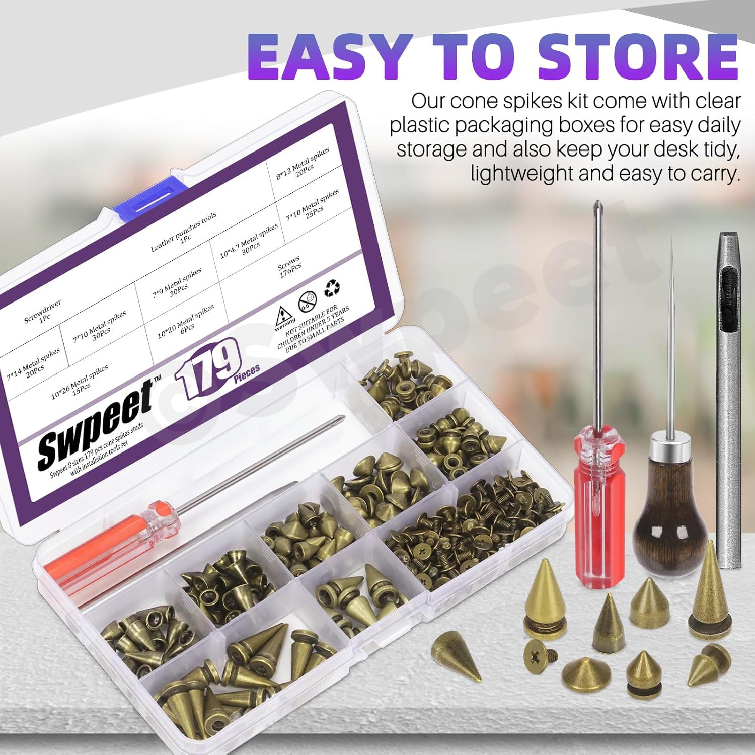 Swpeet 179 Sets 8 Sizes Bronze Cone Spikes with Scratch Awl Screwdriver Punch Assortment Kit, Punk Spikes and Studs Metal Tree Spikes Bullet Spikes Screwback Studs for Punk Clothing Craft DIY image number 3