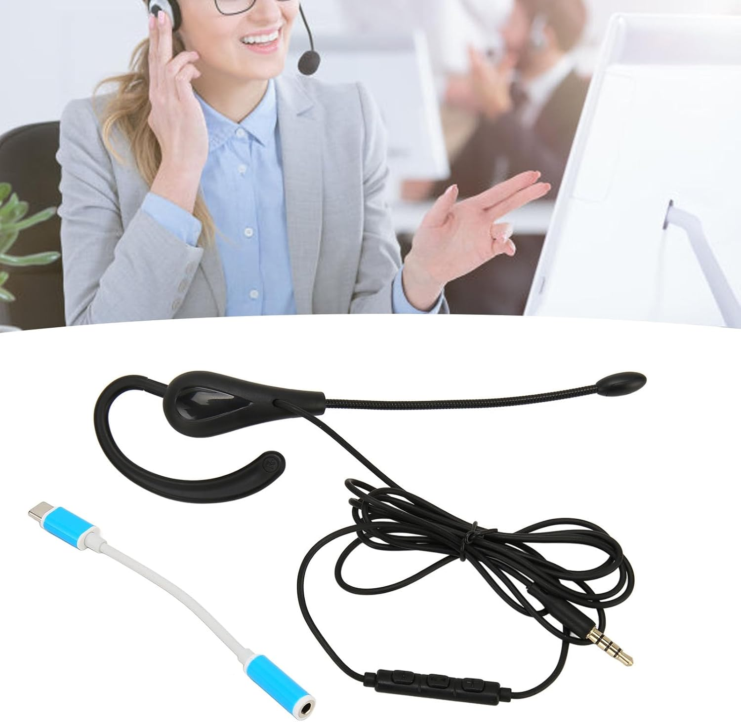 Annadue Lightweight Mono Earphone Headset Noise Cancelling Microphone Wired for Call Centre Office (Type-C) image number 4