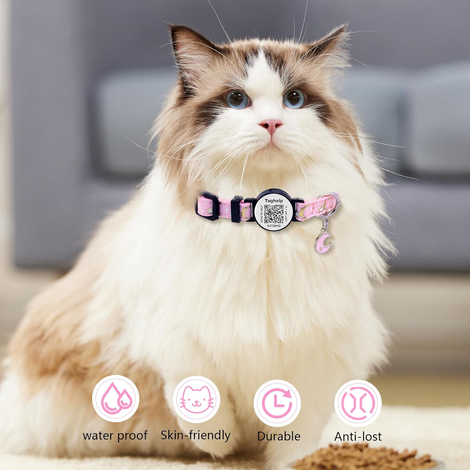 Stars and Moon Airtag Cat Collar with Airtag Holder,Air Tag Cat Collar for Apple. Solid & Safe, Pet Collar, Breakaway Cat Collar, QR Code Cat ID Tags - Pet Online Profile(Blue)