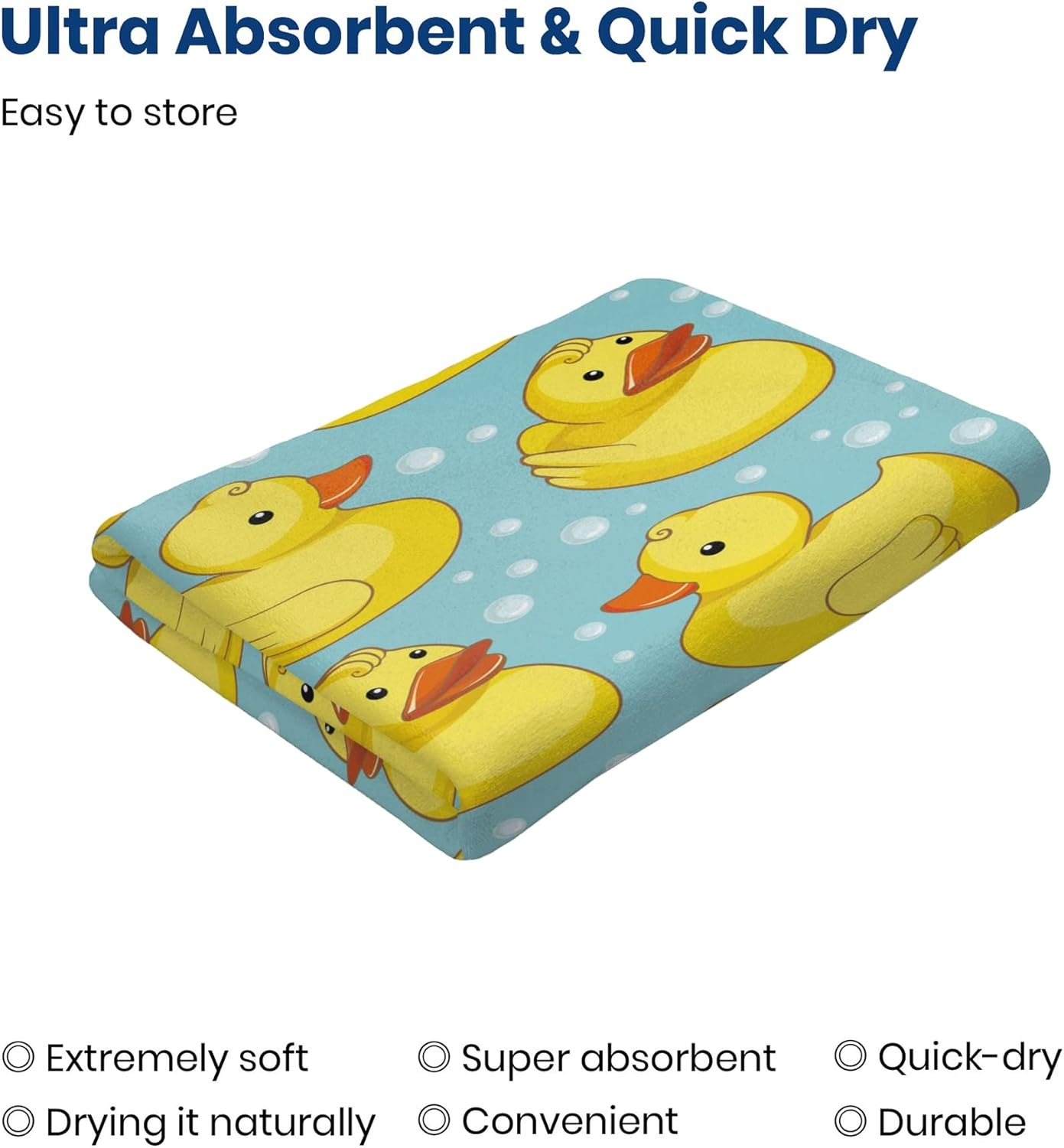 HUIANBPO Cute Cartoon Rubber Ducky Print Microfiber Beach Towel 32X52Inch,Large Bath Towels for Kids and Adults - Quick Dry Absorbent Sand Free Towel for Bathroom,Pool,Shower,Travel,Sport image number 2