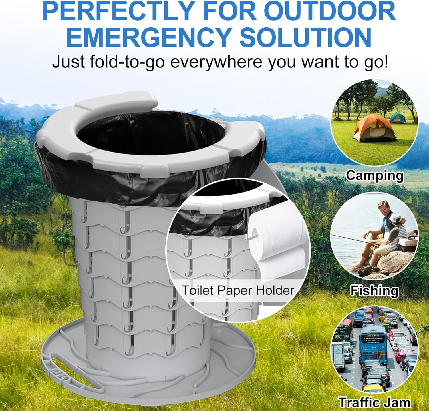 BLIKA Upgraded Portable Toilet with Cushioned Seat, 300LBS Weight Capacity Retractable Toilet, Adjustable Height & Paper Holder, Compact Folding Design for Camping, Car, RV, Outdoor Travel (Gray)