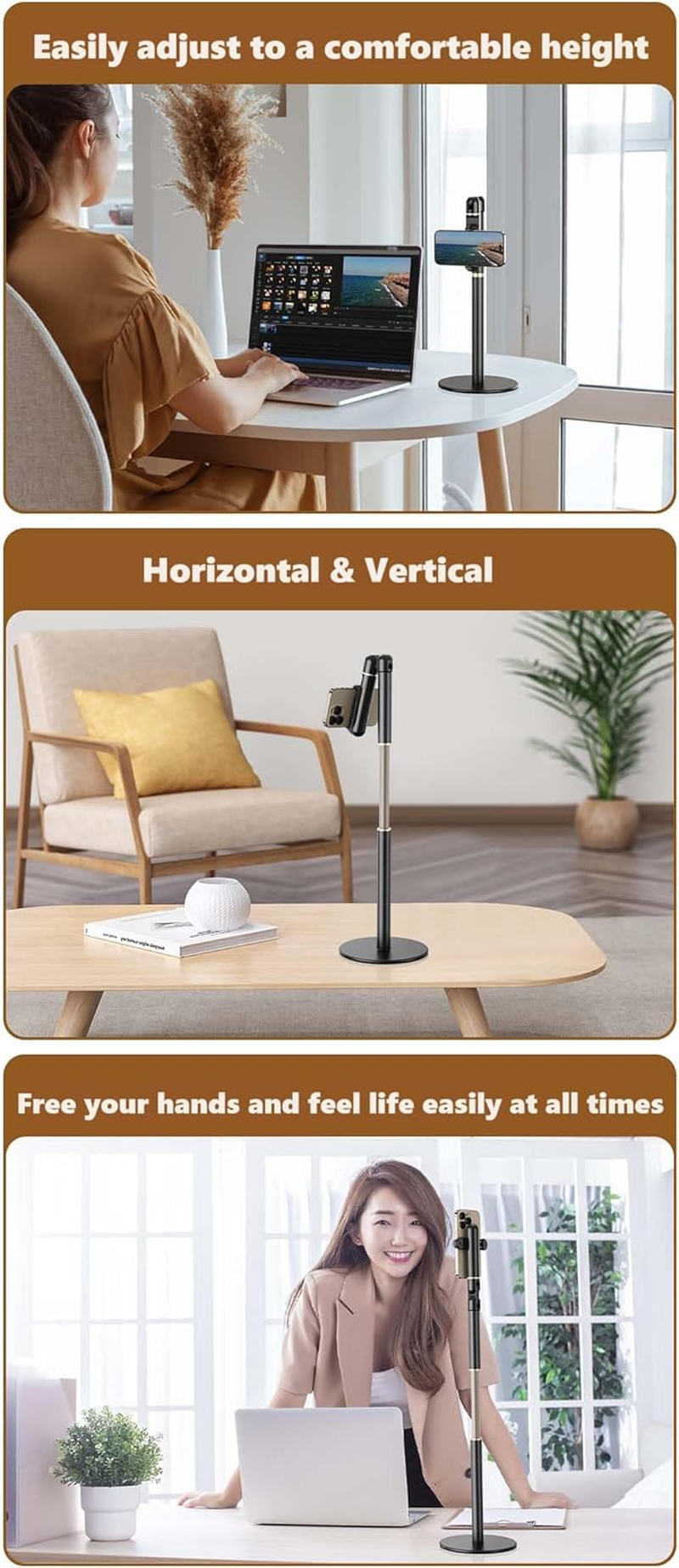 Wigmoa【25Inch/63Cm Aluminum Overhead Phone Mount360&deg; Angle Adjustable Cellphone Stand Holder 4"-6.9" Table Top Youtube Streaming Content Creator Video Recording. YE-S image number 1