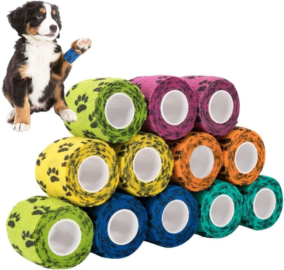 Pet Self Adhesive Bandage, 5CM Pet Vet Wrap Tape Non-Woven Cohesive Gauze Rolls for Wrist Healing Ankle Sprain & Swelling (Dog'S Paw, 12 Rolls) image number 1