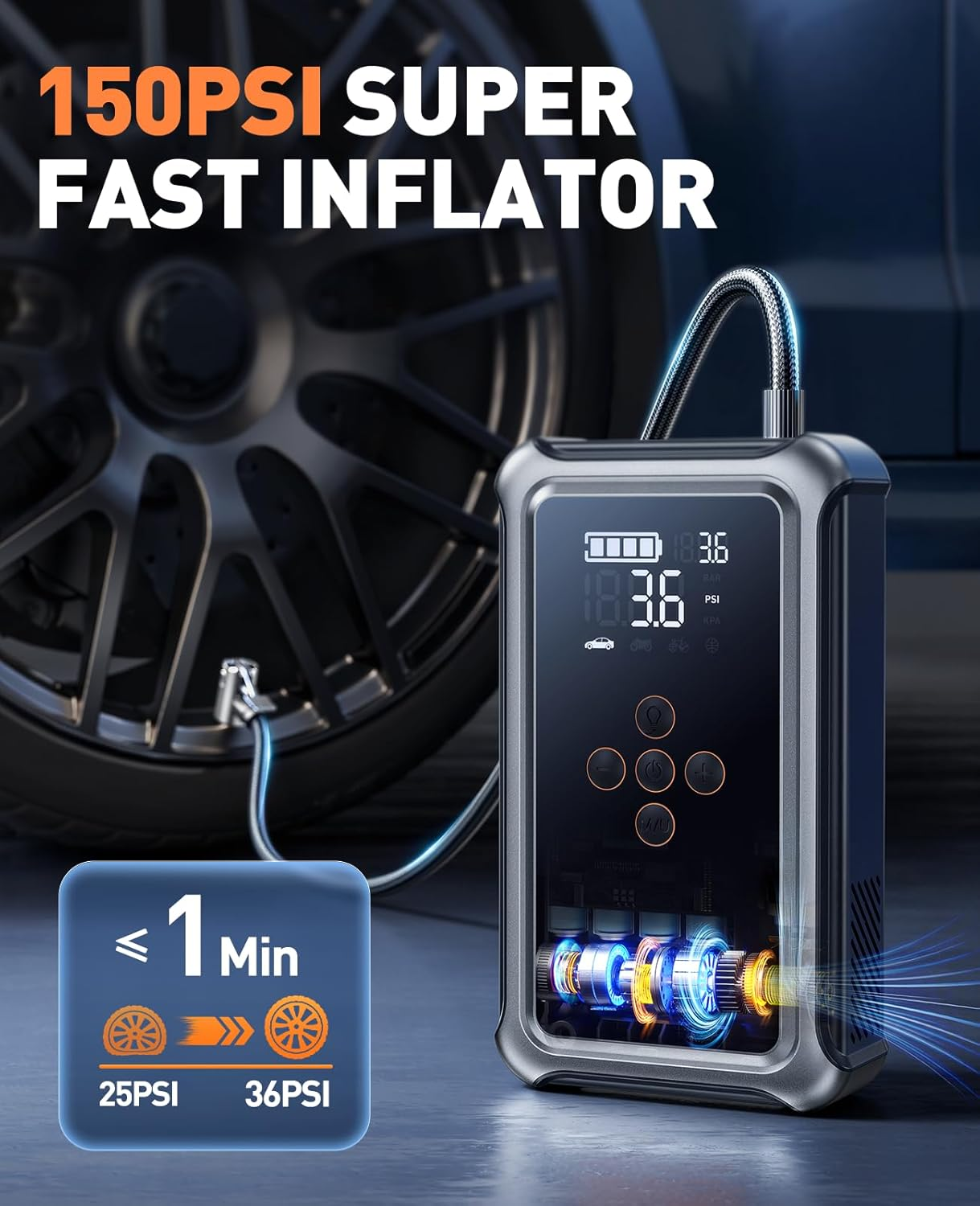 JOLTEKON Car Jump Starter with Air Compressor, 5000A Peak 150PSI Car Battery Jump Starter for All Gas/ 10L Diesel, 12V Car Jumper Starter Power Bank Charger Portable with Display, Emergency Light