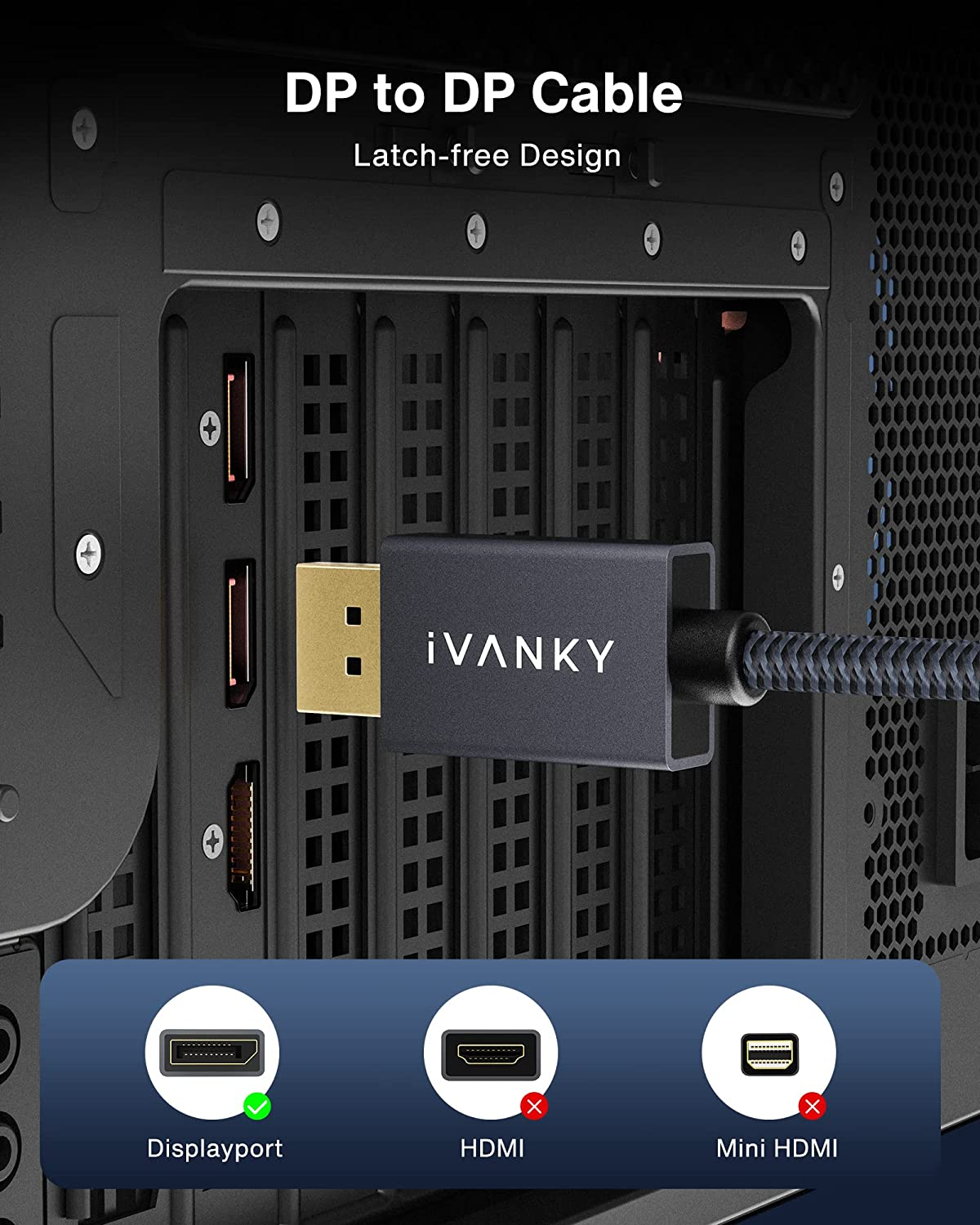 Ivanky Displayport Cable 6.6Ft DP Cable Nylon Braided [2K@165Hz, 2K@144Hz, 4K@60Hz] Display Port Cable High Speed Displayport to Displayport Cable Compatible PC, Laptop, TV - Slim Aluminum Shell, Grey