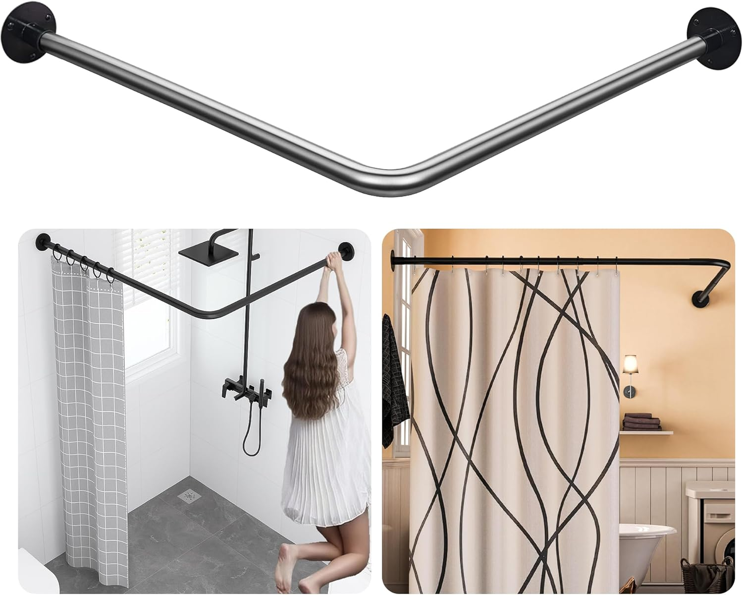 Sikaiqi Stretchable 304 Stainless L Shaped Bathroom Bathtub Corner Shower Curtain Rod Rack (90-130Cm X 90-130Cm)