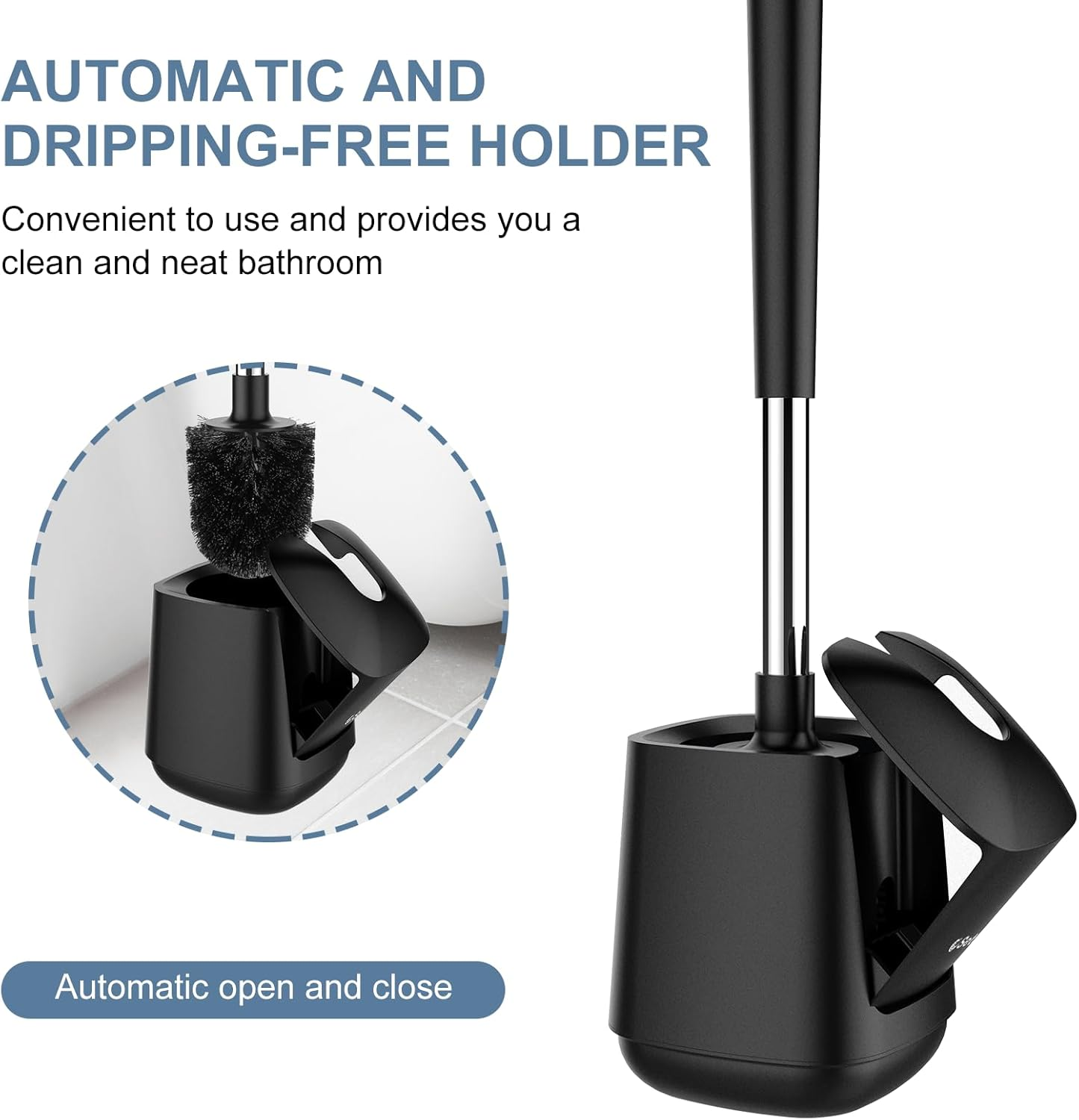 Setsail Toilet Brush and Holder, Self Closing Lid Toilet Bowl Brushes Holder and Extra Long Handle Ventilated Toilet Brush Set for Bathroom Cleaning, Nylon Bristles, Black image number 2