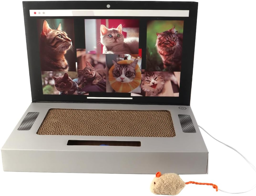 Enwye Laptop-Shaped Cat Scratching Pad with Plush Old Mouse Durable Corrugated Cardboard Foldable Space-Saving Design Control Scratching Pressure