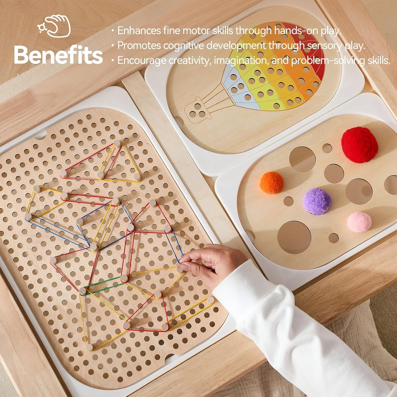 IEATFO 3-Pack Wooden Sensory Boards - Large and Small Storage Box Inserts - Pegboard, Size & Color Cognitive Boards - Include Wooden Pegs, Elastics, Pompoms(Suitable for IEATFO Sensory Tables) image number 5