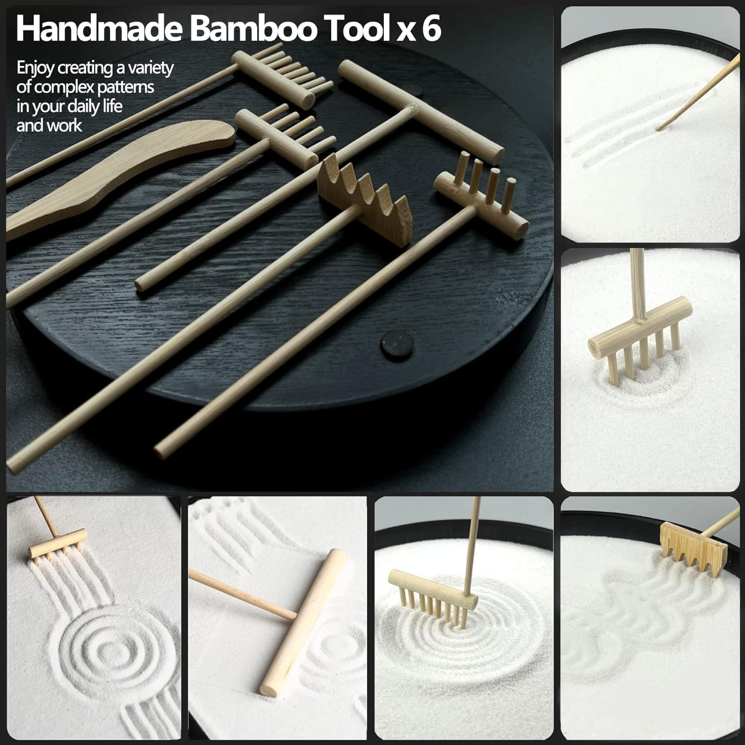 Miners2000 Zen Garden for Desk Japanese Zen Garden Kit 8 Inch Large round with 6 Sand Rake and Accessories Tray Mini Desktop Zen Decor for Home Office Therapy Relaxation Meditation ﻿ image number 1