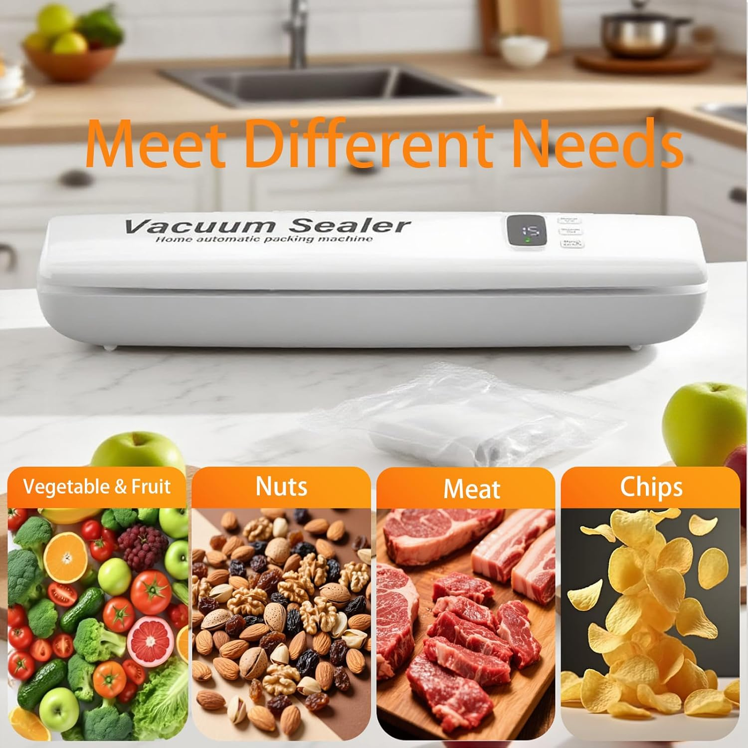 2025 Vacuum Sealer for Food, 60KPA Strong Suction, 3 Modes with Digital Timer, Multi-Functional for Dry/Wet Food, Vacuum Sealing Machine，Multiple Usage and Portable，With 10 Free Vacuum Bags