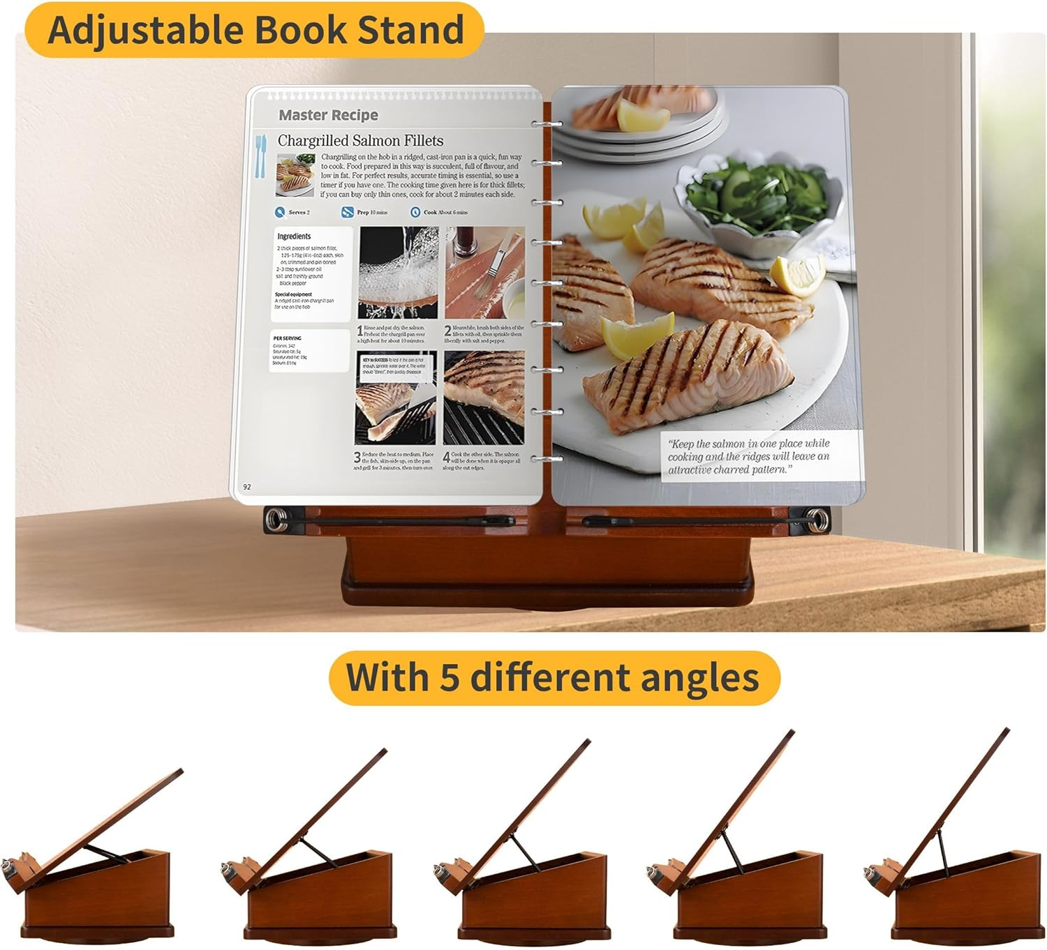 Large Wooden Book Stand with Carousel Base &ndash;Adjustable Book Holder with Storage Box and Magnetic Stand &ndash; 360&deg; Rotate Wooden Book Organizer for Cookbook, Reading Book, Magazine, Laptop (Dark Cherry) - Dark Cherry image number 3