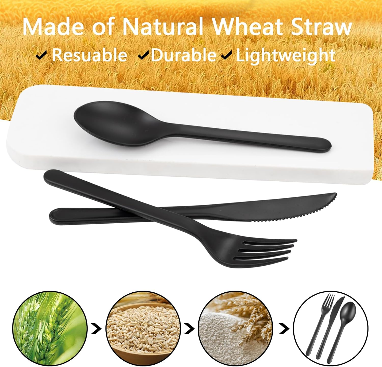 180Pcs Black Cutlery Set,Heavy Duty Cutlery Reusable Wheat Straw Tableware Set with Knife,Fork & Spoon, Dishwasher Safe,For Family Travel Party Outdoor Picnics image number 4
