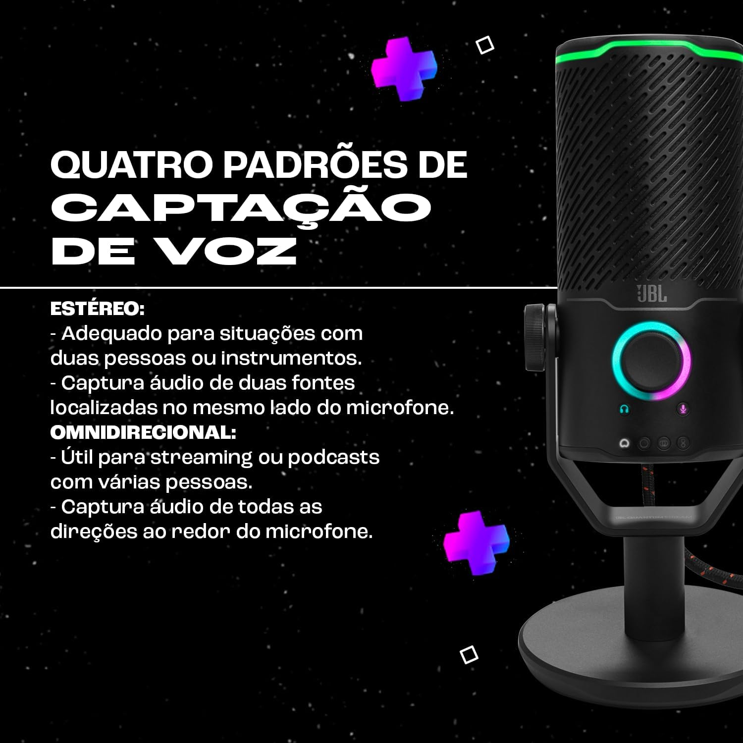 JBL Quantum Stream Studio, Triple Condenser Microphones for Perfect Streaming, Four Selectable Voice Pick-Up Patterns, Tap-To-Mute Button with RGB Ring Indicator, RGB VU Meter, Chrome image number 2