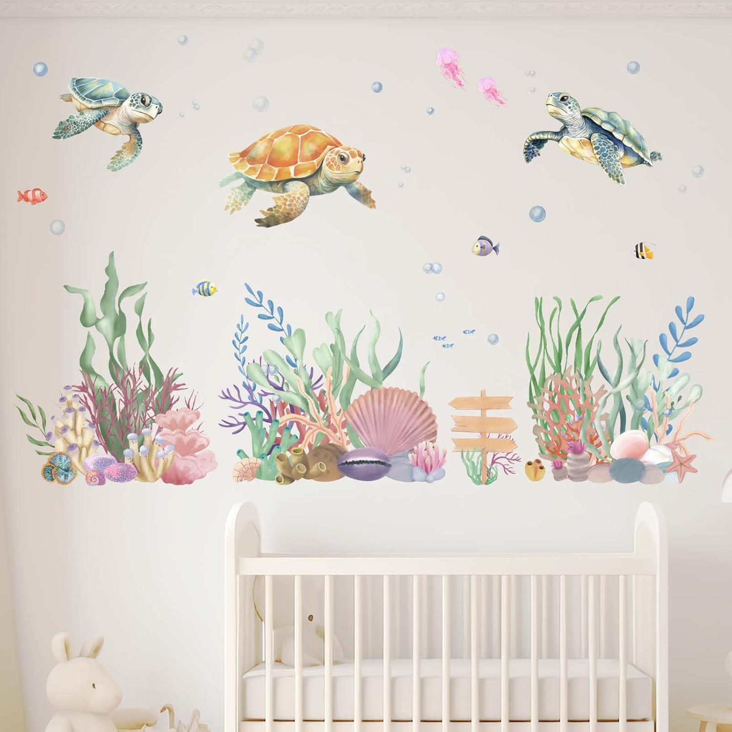 Amimagen Ocean Sea Turtle Wall Decals - under the Sea Marine Theme Seaweed Grass Wall Stickers - Baby Nursery Kids Bedroom Daycare Bathroom Wall Decor image number 2