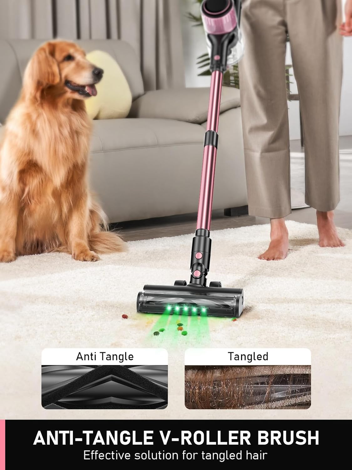 Cordless Vacuum Cleaner, 8 in 1 Powerful Suction Lightweight Vacuum Cleaner for Home, LED Display, 3 Suction Modes, 40Mins Detachable Battery Vacuum for Hard Floor Carpet Pet Hair, Pink