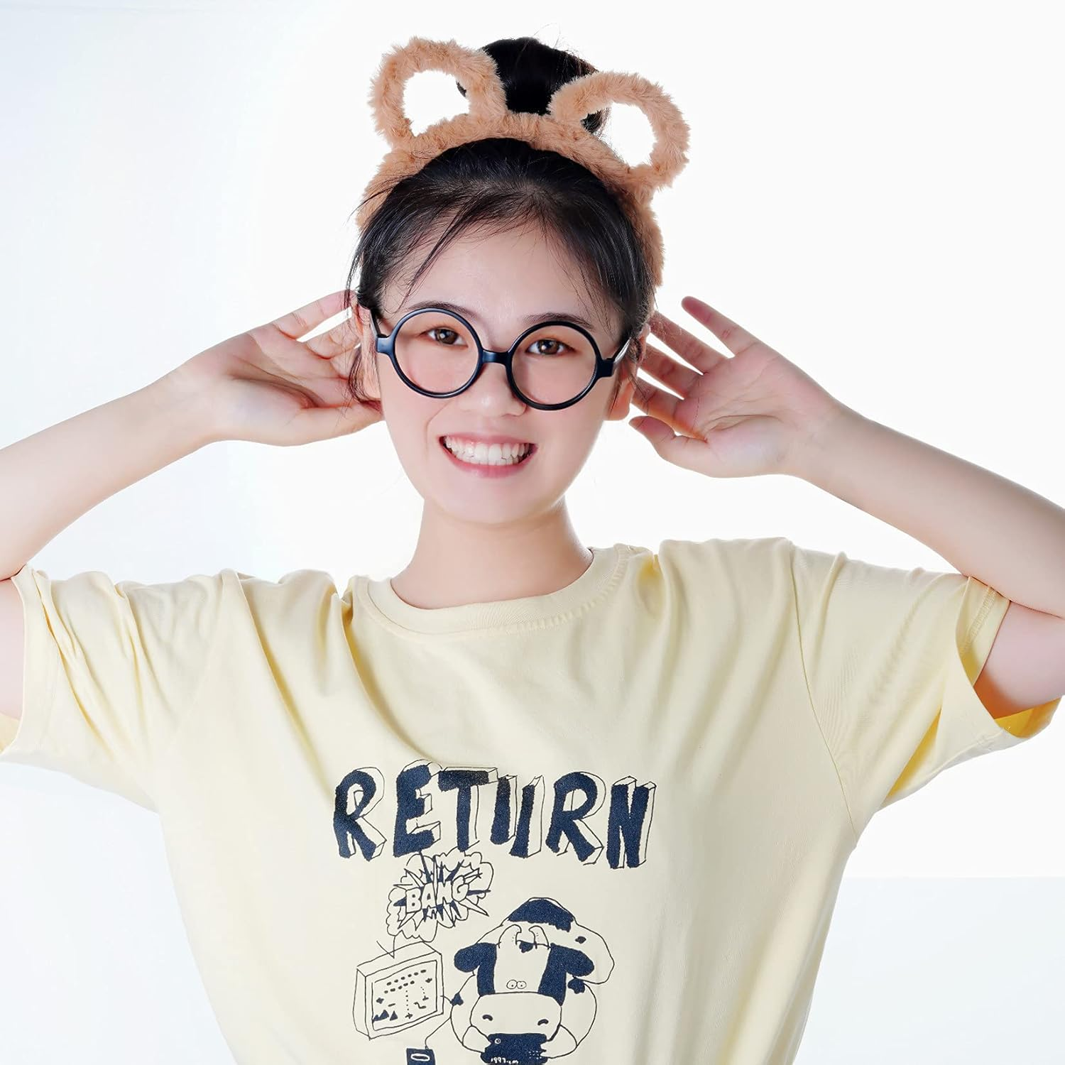 9 Pieces Chipmunks Costumes Set Include 3 Pieces Chipmunk Ears Headband 3 Piece Black round Frame Glasses and 3 Pairs Knee-High Socks for Teens Adults Halloween Party Animal Costume Accessories image number 4