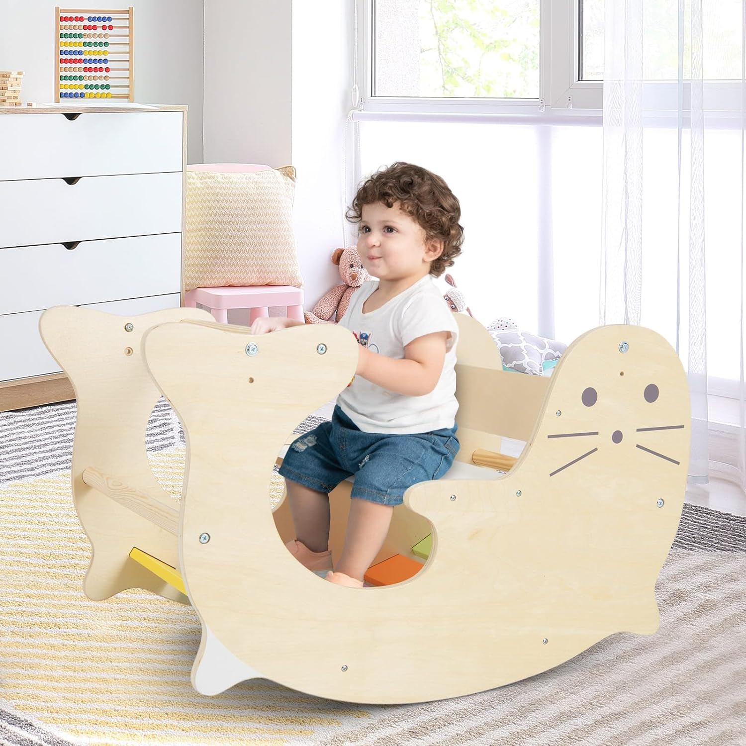 HONEY JOY 3-In-1 Climbing Toy Set for Kids, Indoor Arch Climber W/Cute Sea Lion Pattern & Rich Colors, Natural Solid Wood Bars, Smooth Seat & Back, Fun Play Table & Rocking Horse for 3-14 Years Old image number 3