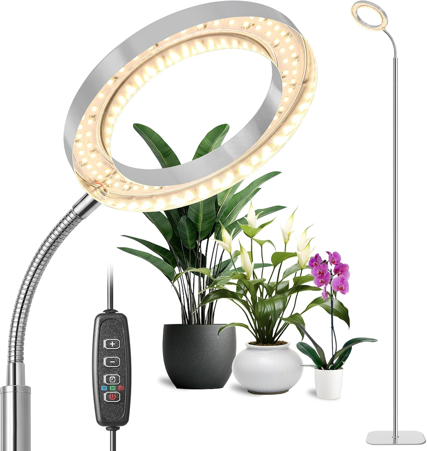 LED Full Spectrum Standing Grow Light, Silver Ring Plant Light with 3/9/12H Timer, 10 Level Dimmable, 60 Inch Height Adjustable, 3000K Floor Growth Lamp for Indoor Large Tall Plants