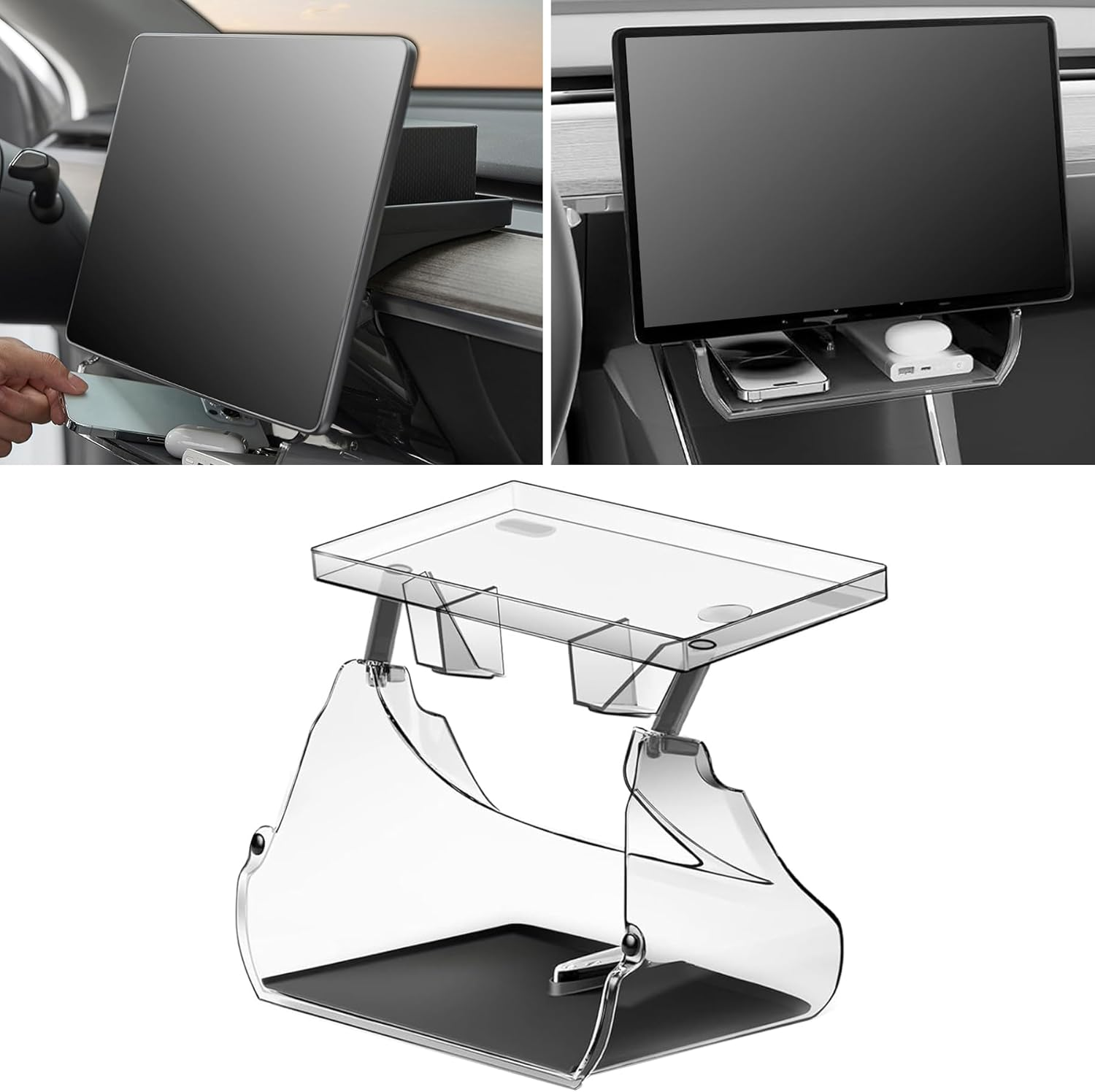 Car Center Console Organizer for Tesla Model Y 2025 Refreshed (Juniper), under Screen Storage Box Magnetic Tray Dashboard Tissue Holder for Tesla Model 3 Highland 2026-2024 Accessories (Clear)