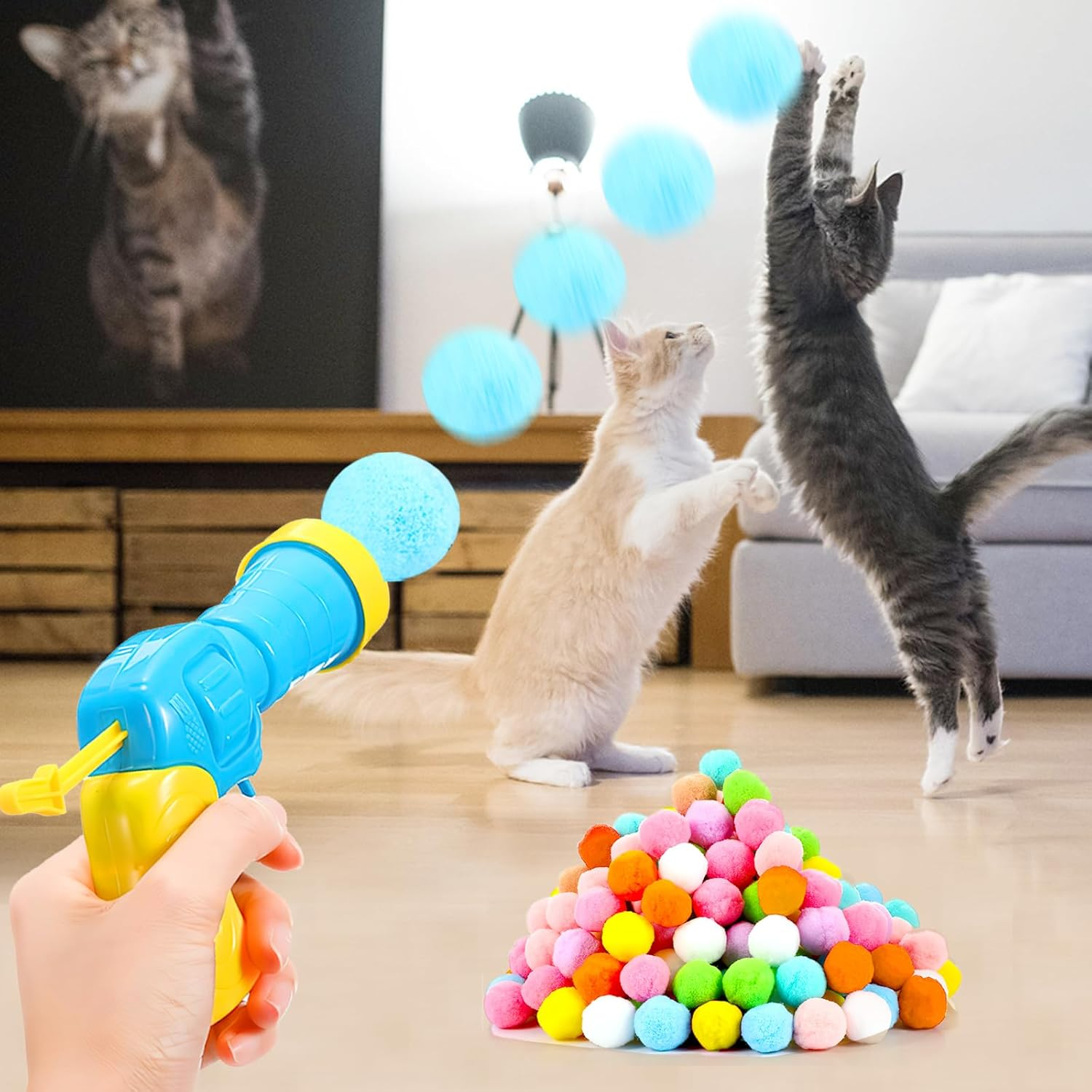 DAWRIS Pack of 2 Cat Toy Ball Gun with 100 Pieces Cat Felt Balls Soft Cat Balls Kitten Pom Poms Ball Interactive Cat Toy Interactive Toy for Cats Training Cats Ball image number 3