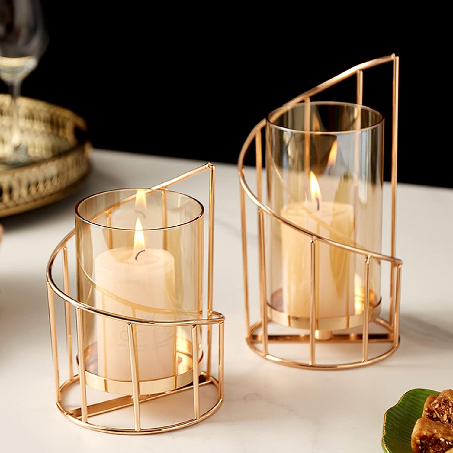 Mrmrkura Metal Wire Candle Holder Set of 2, Glass Pillar Candle Holders Gold Decorative Tea Light Candleholders for Home Decor Table Decorations Centerpiece (Spiral) image number 4
