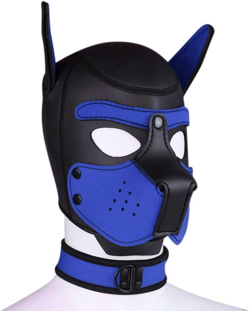 Adults Neoprene Puppy Hood Mask with Collar, Removable Cosplay Dog Full Face Pup Hood Mask image number 2