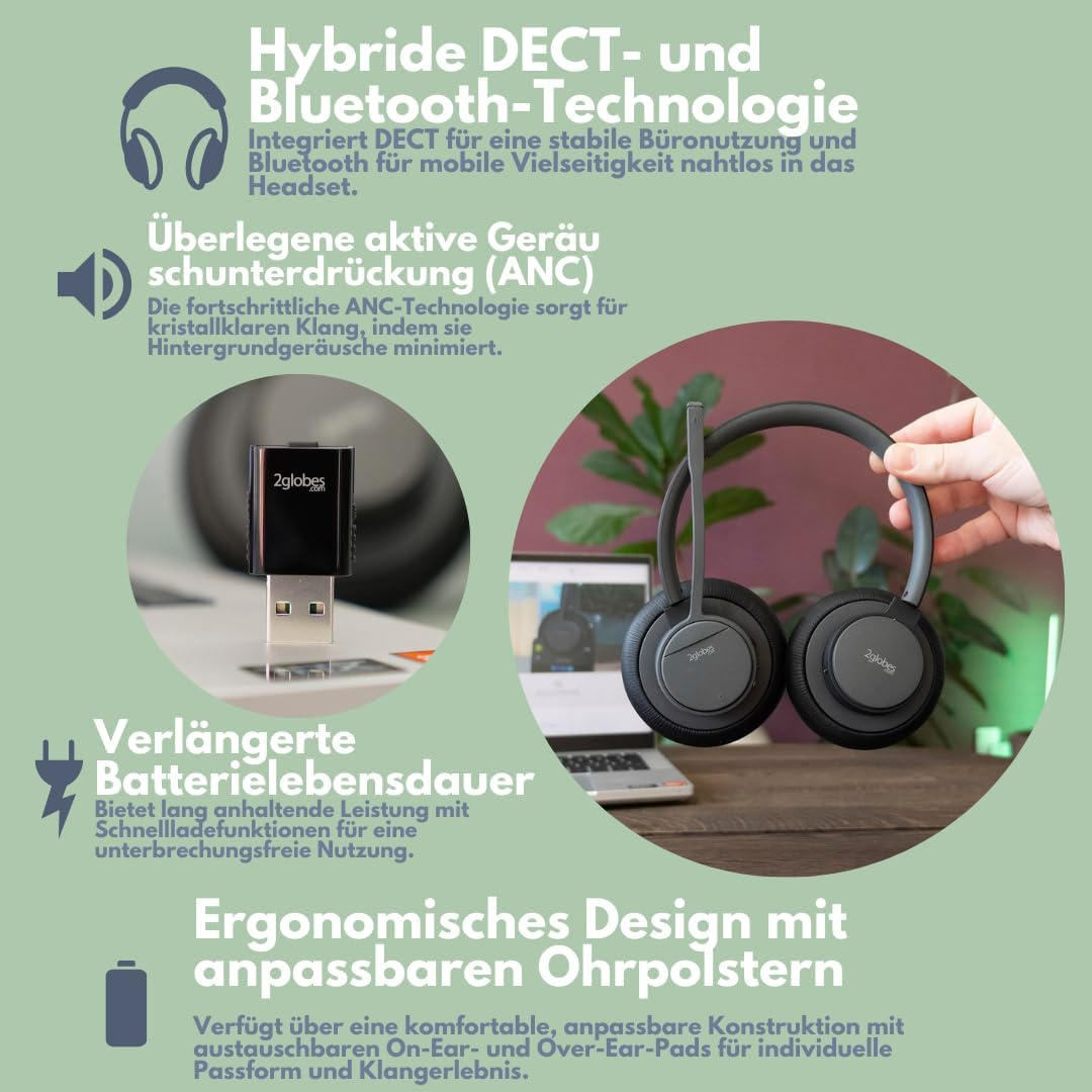 2Globes Hybrid Lite: DECT and Bluetooth Headset with Intuitive Controls and Seamless Device Integration - Black image number 2