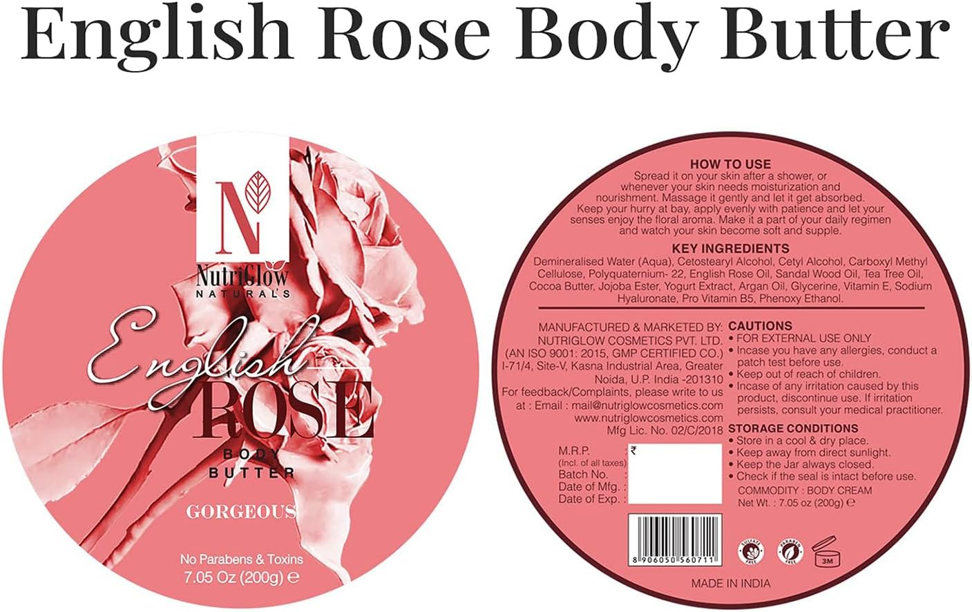 NUTRIGLOW Natural'S English Rose Body Butter Cream with Rose Extracts, Deep Nourishing, Moisturizing Healthy Glowing Skin, Anti-Aging Dark Spots & Skin Treatment 200Gm image number 4
