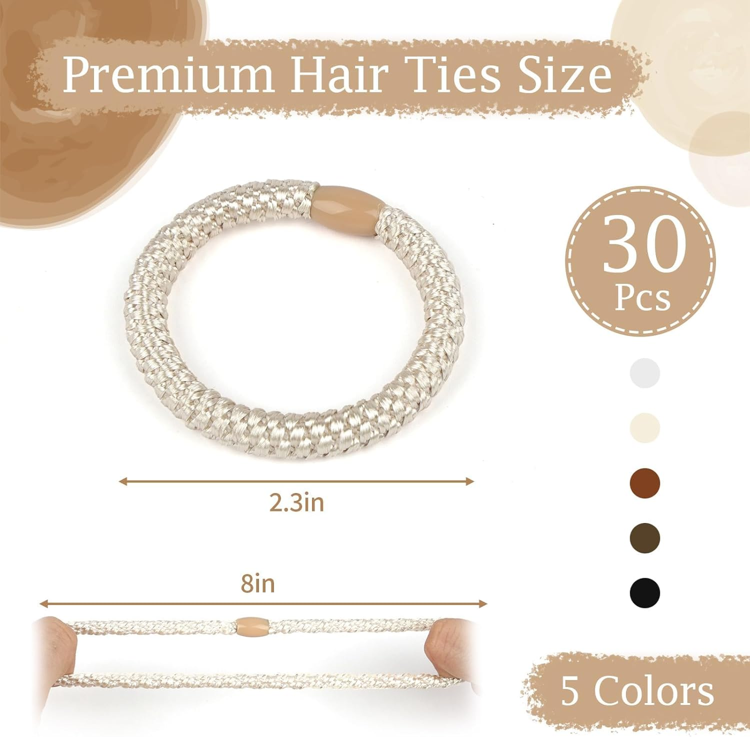 30 Pcs Hair Ties, Hair Bands, Ponytail Holders for Women Girls, No Damage No Crease Hair Elastics for Thick Hair, Long Braids, Ponytails and Other Hairstyles (Black/Brown/White/Beige/Coffee) image number 1