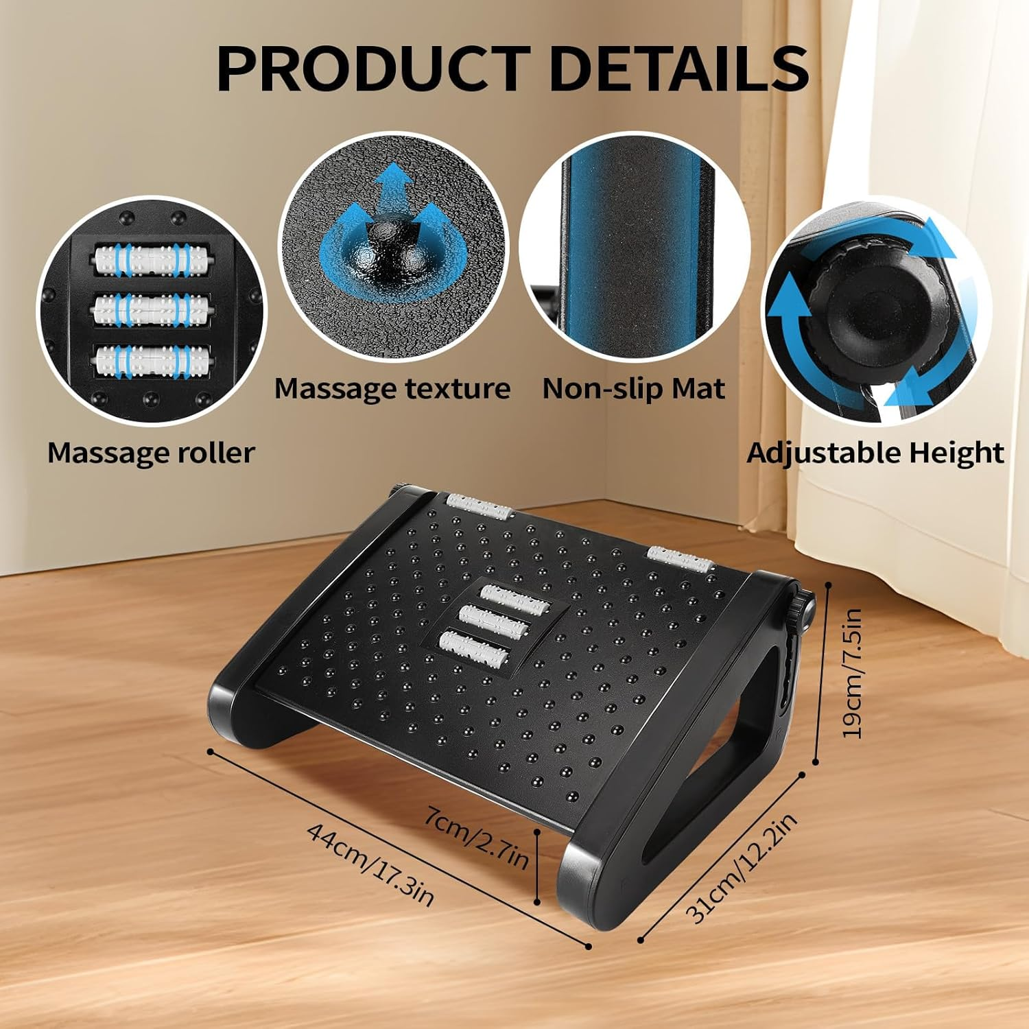 Under Desk Foot Rest, Six Height Adjustable Ergonomic Footstool under Desk with Foot Massage Roller, Suitable for Office, Home Leg Rest Footrest (Black) image number 1