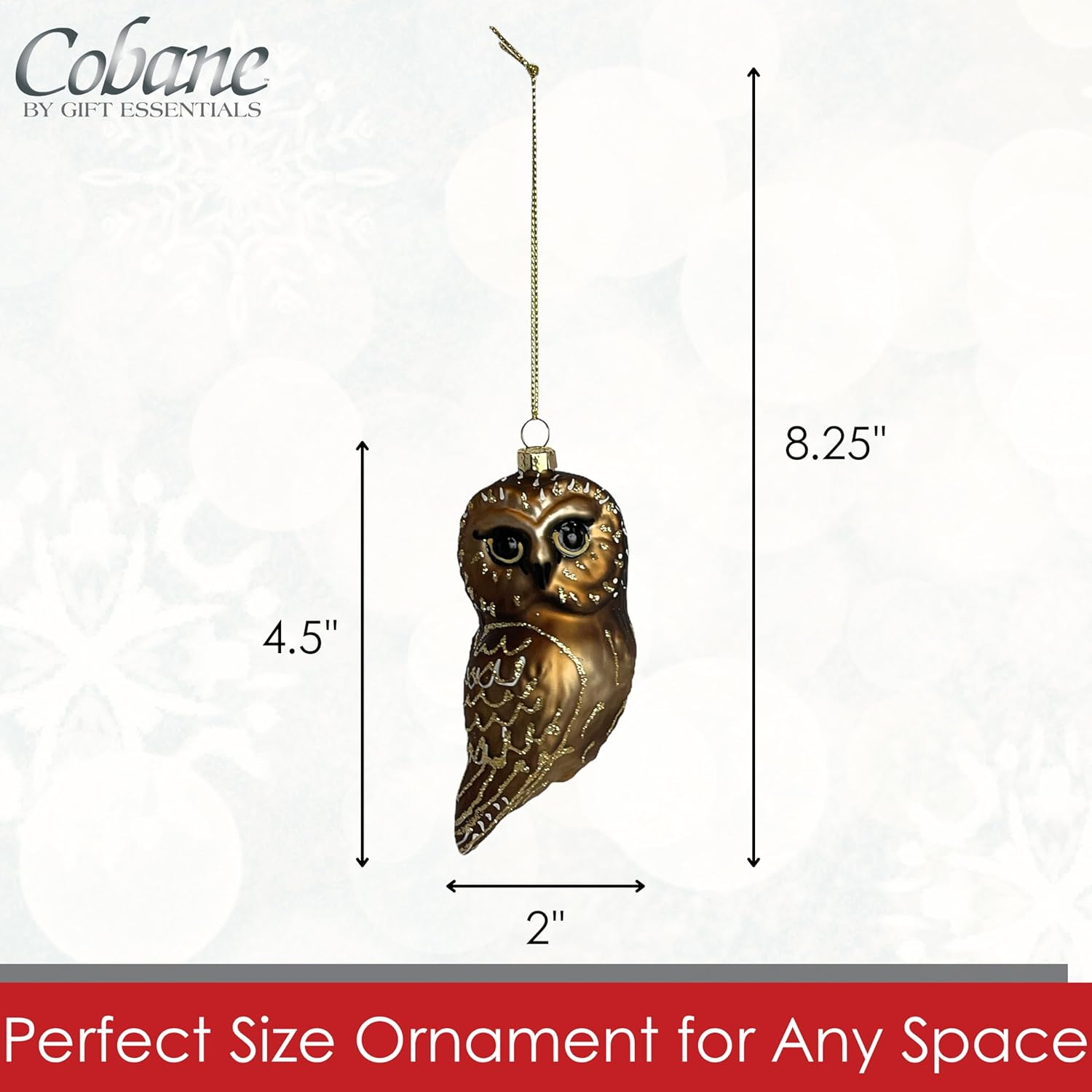 Cobane Studio Northern Saw Whet Owl Hanging Glass Ornament - Hand Blown and Hand Painted Bird Ornament for Christmas and Home Decor