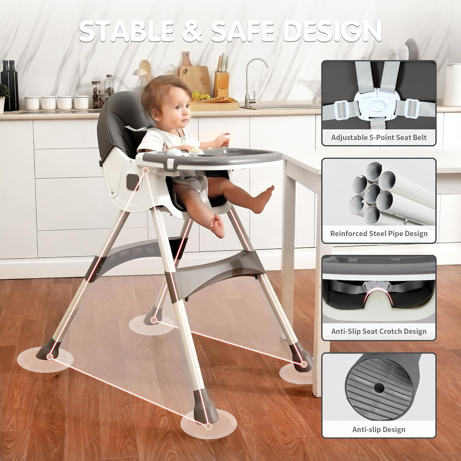 Baby High Chair, 6 in 1 Convertible High Chairs for Babies and Toddlers with 5-Point Safety Harness, Foldable High Chair for Space-Saving, Adjustable Dining Tray, Backrest & Height, Easy to Clean Surface image number 3