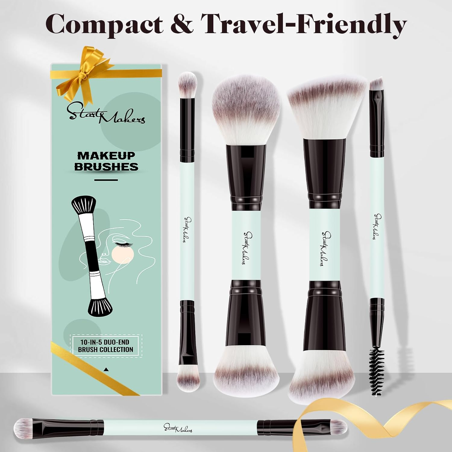 Start Makers 5PCS Makeup Brush Set Double-End Makeup Brushes for Foundation Contour Blush Highlight Blending Eyebrow Brush Eyeshadow Eyeliner Make up Brushes Set Bright Cyan image number 3