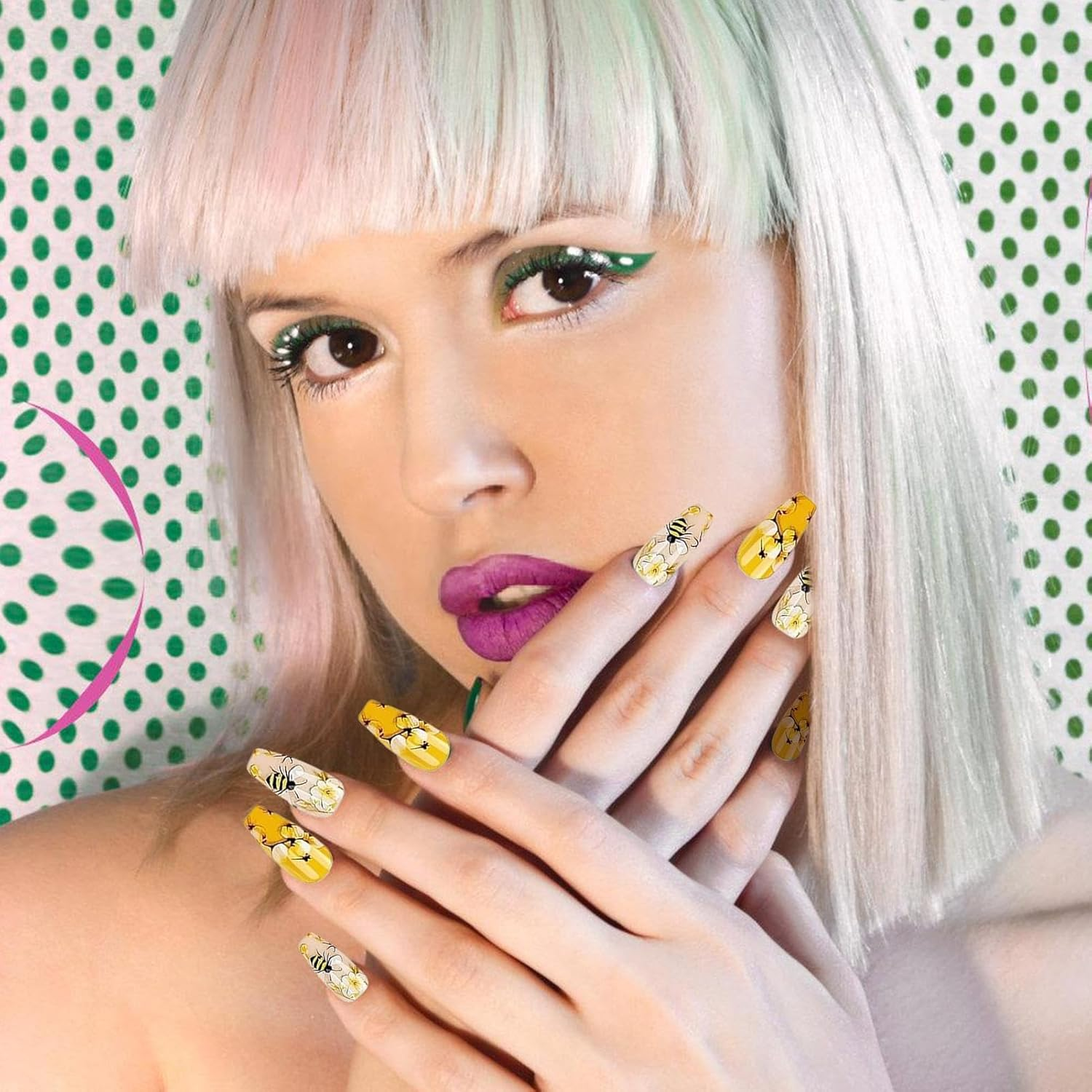 Nail Stickers | Medium Length Artificial Nails - Accessories for Art Manicure, 24 Artificial Nails Bees and Flowers for Women and Girls image number 3