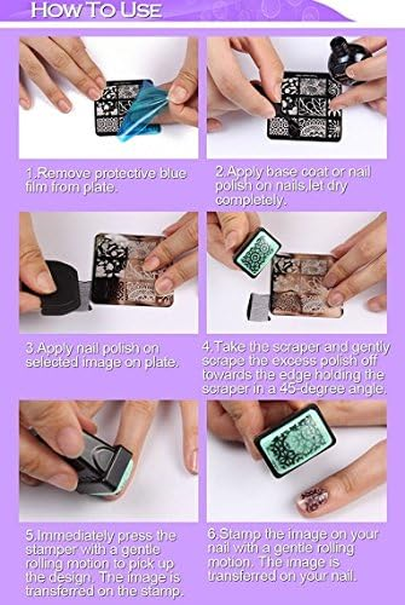 16Pcs Different Design Nail Art Stamping Plates with White Holder Nail Template + 1 Pcs Square Green Rubber Stamper DIY Nail Art Image Stamp Plates Manicure Template Nail Art Tools image number 5