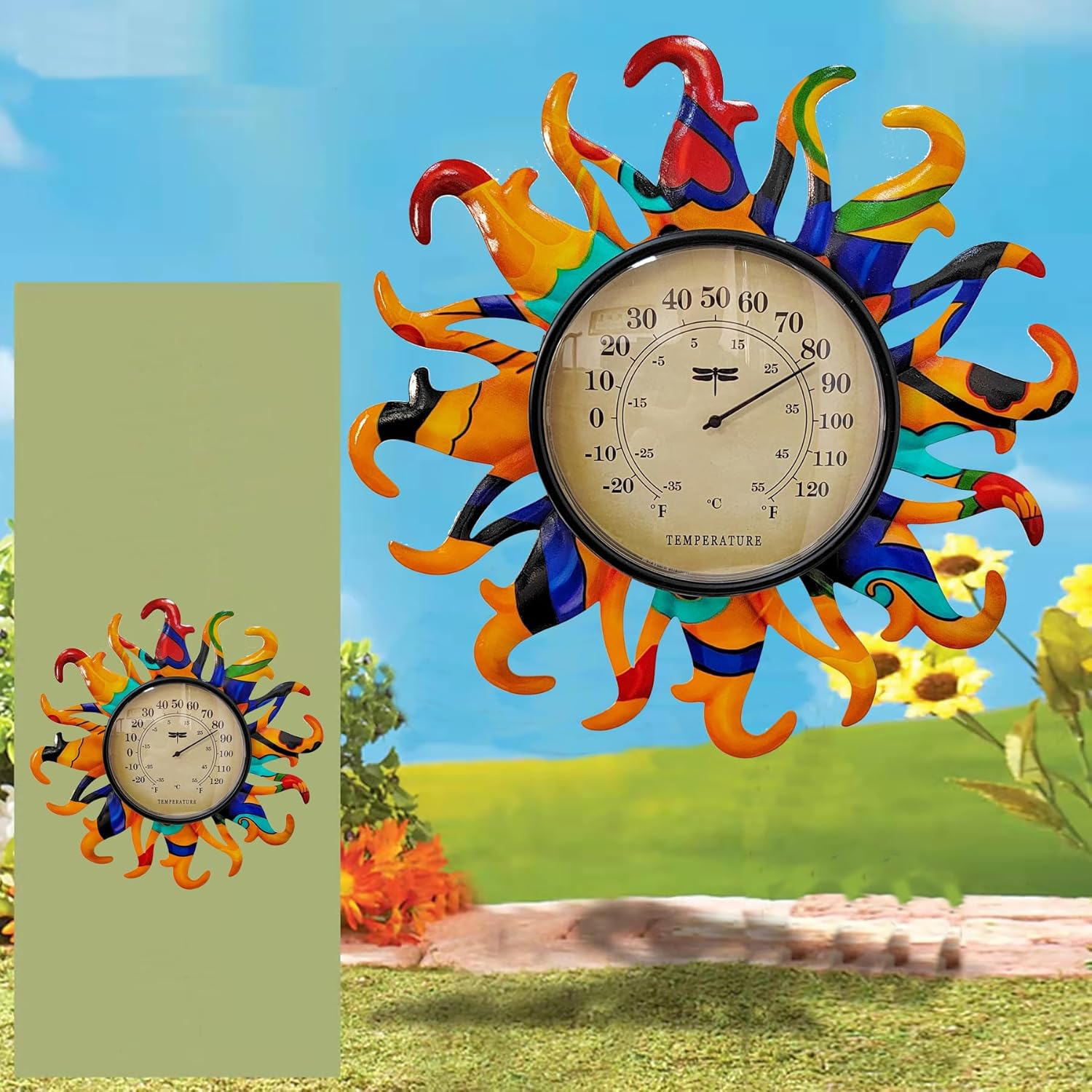 Metal Sun Thermometer Indoor Outdoor Ornament Wall Art Decor, Sun Plaque Sculpture Hanging Mounted for Living Room Bedroom Kitchen Patio for Home or Garden, No Battery Required (ORANGE SUN STAKE)