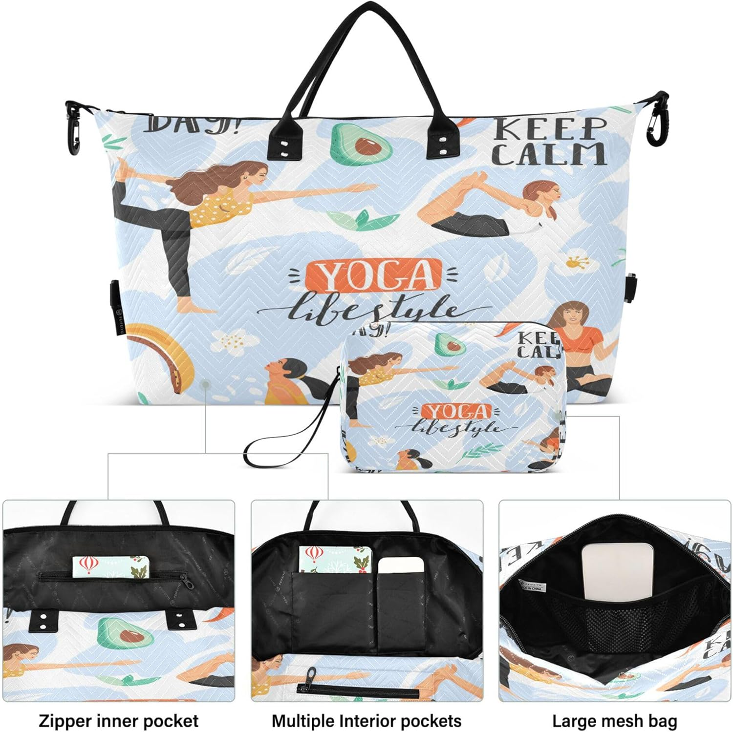 Travel Duffel Bag Gym Bag Large Carry on Airport Bag with Toiletry Bag for Trekking 2 Pcs Set Women in Various Yoga Poses, Multi, 1 Size, Modern/Fitted, Multi, 1 Size, Modern/Fitted