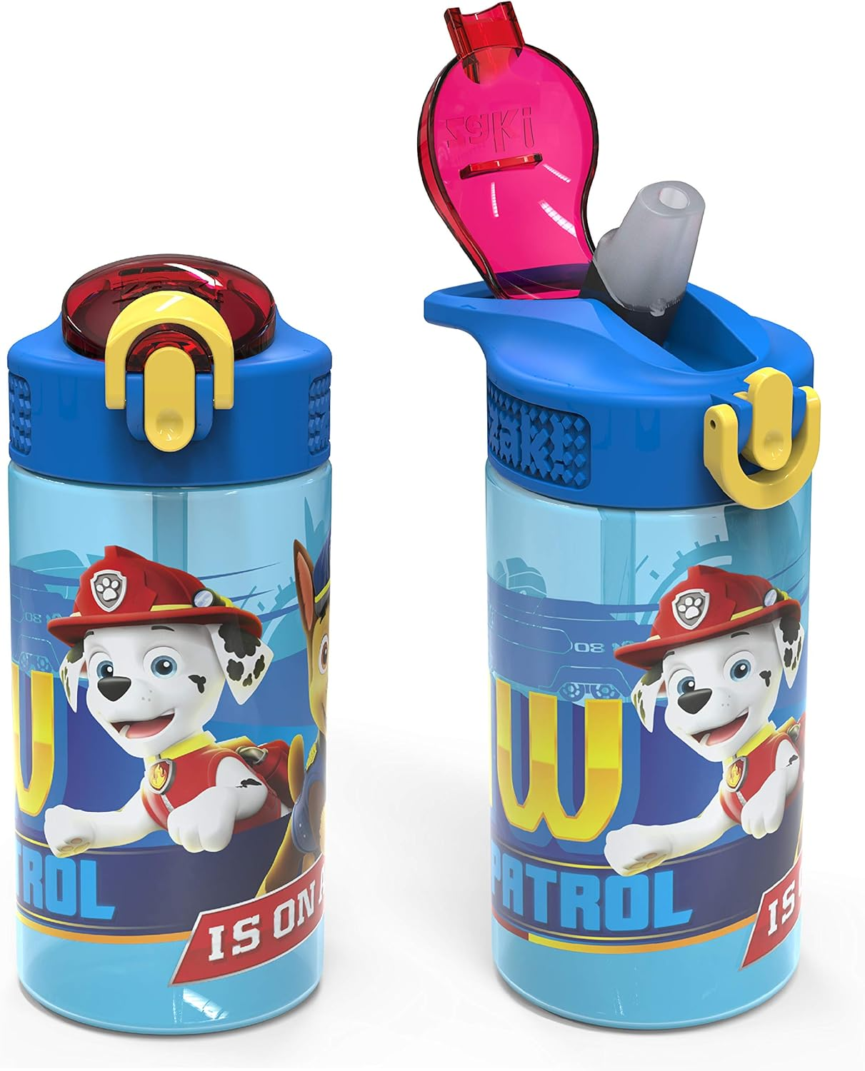 Zak Designs Kids Durable Plastic Spout Cover and Built-In Carrying Loop, Leak-Proof Water Design for Travel, (16Oz, 2Pc Set), Paw Patrol Skye Bottle 2Pk