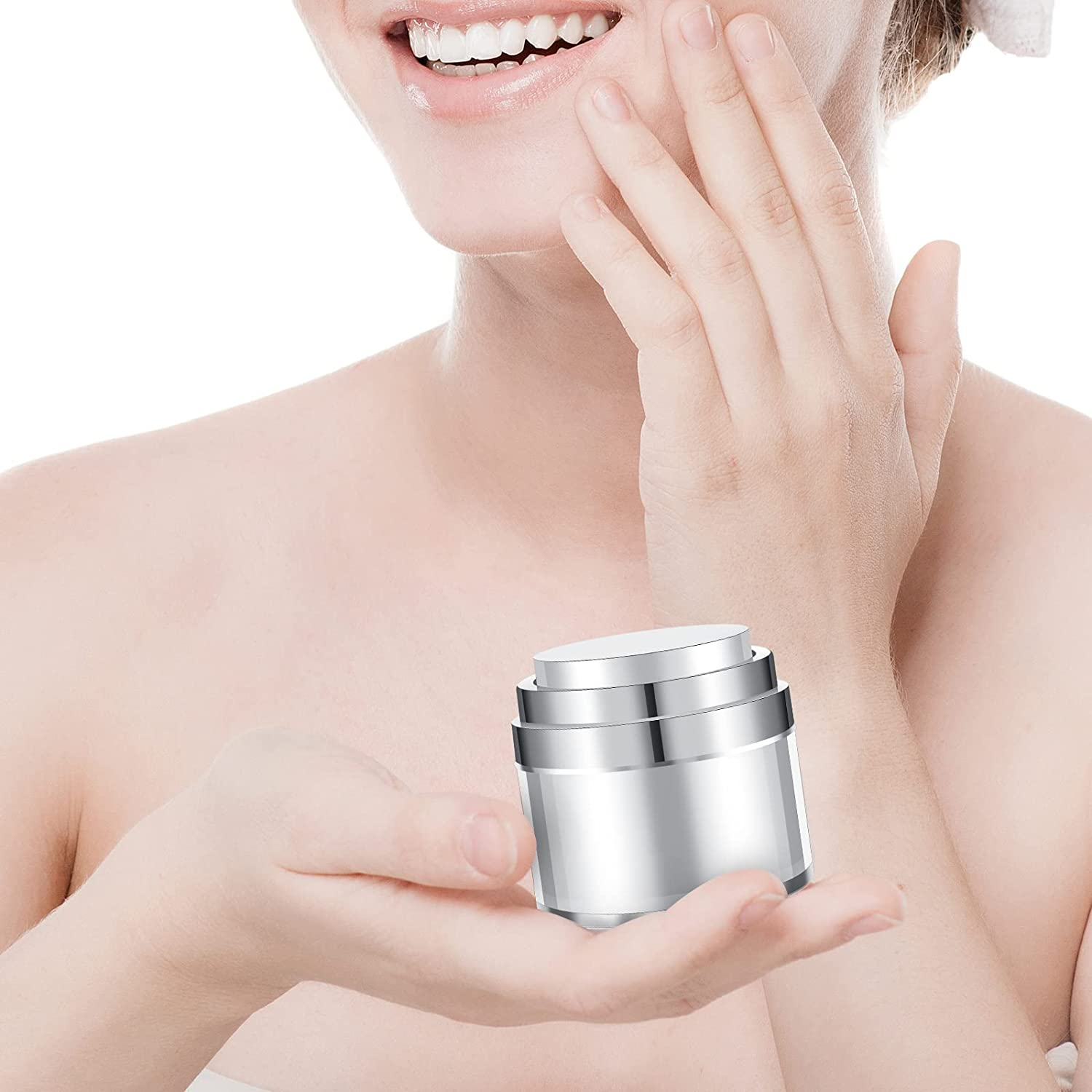 4 Pack Empty Airless Pump Jar Acrylic Airless Cosmetic Container Portable Refillable Travel Size Cream Vacuum Bottle Lotion Jar with Pump Lid for Skincare Cream, White(1 Oz) image number 1