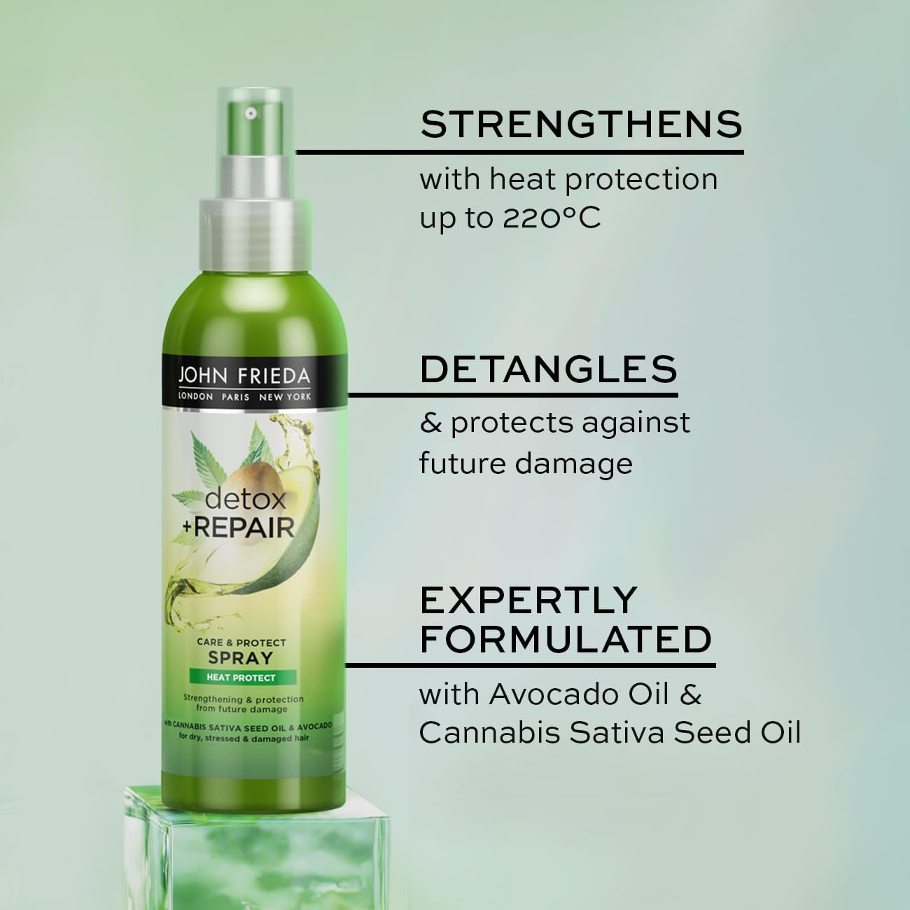 John Frieda Detox & Repair Care & Protect Heat Protection Spray 200Ml for Dry, Stressed & Damaged Hair with Cannabis Sativa Seed Oil & Avocado image number 2