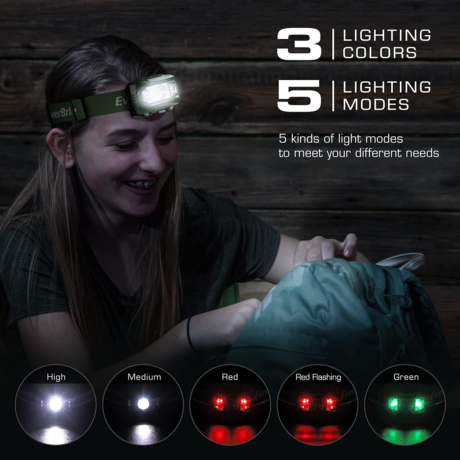Everbrite Headlamp, 2 Pack Kids Headlamp with Red Light and Memory Function, Head Lamp for Adults and Kids with 5 Modes, Bright Headlamps for Camping, Running, Batteries Included, Green image number 5