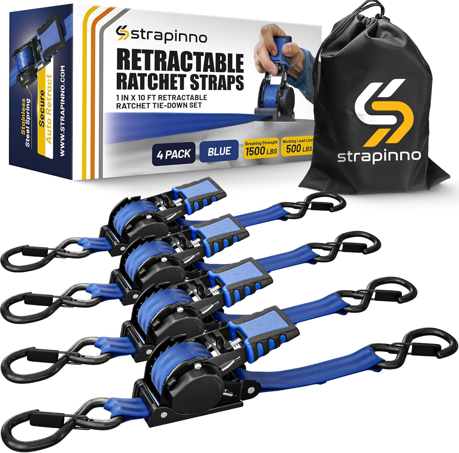Strapinno Retractable Ratchet Straps 1 in X 10 Ft, Secure Tie-Downs with Rubber-Coated Steel Handles, for Motorcycle, Jetski, Kayak, Breaking Strength 1,500LBS/680KG (Red Strap, Black Coated)
