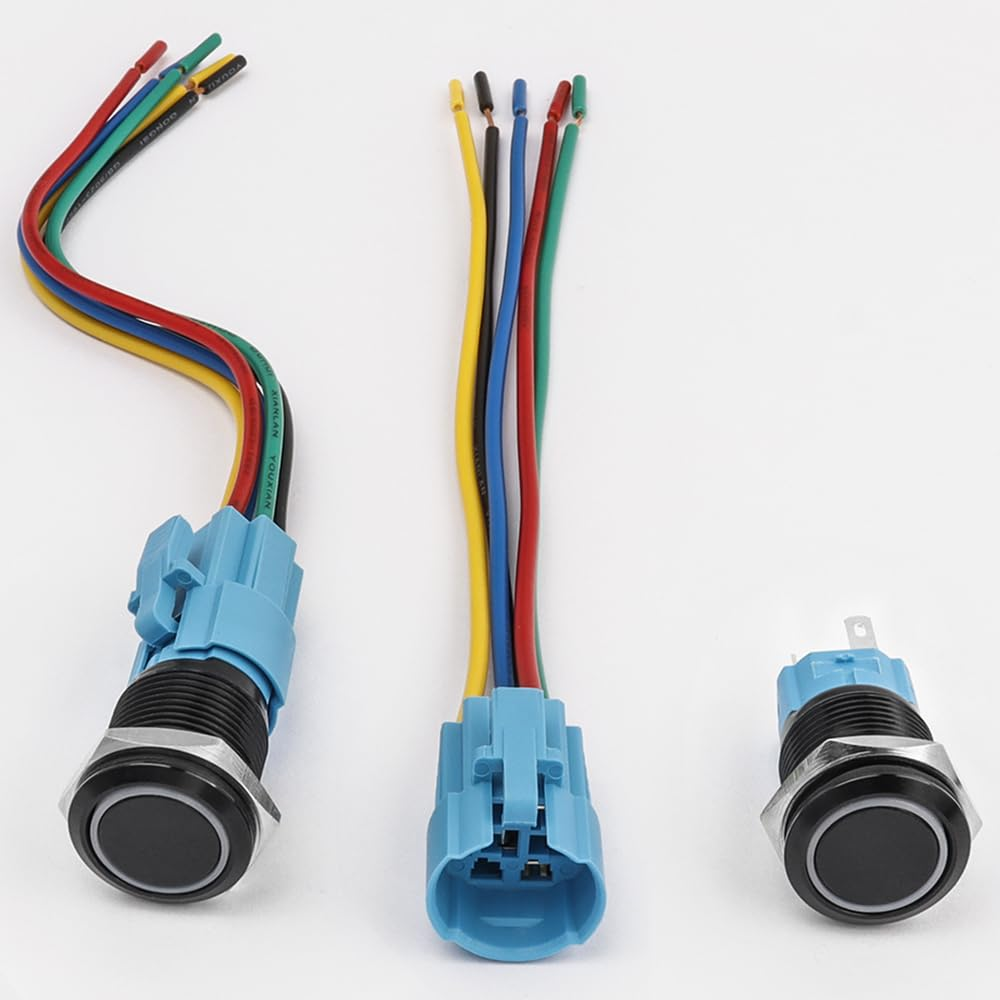 Yakamoz 2Pcs 16Mm Waterproof Latching Push Button Switches, 12V Self-Locking Button on off with Sockets White LED Wiring Harness for Automotive, Marine, Industrial Machinery and DIY. image number 5