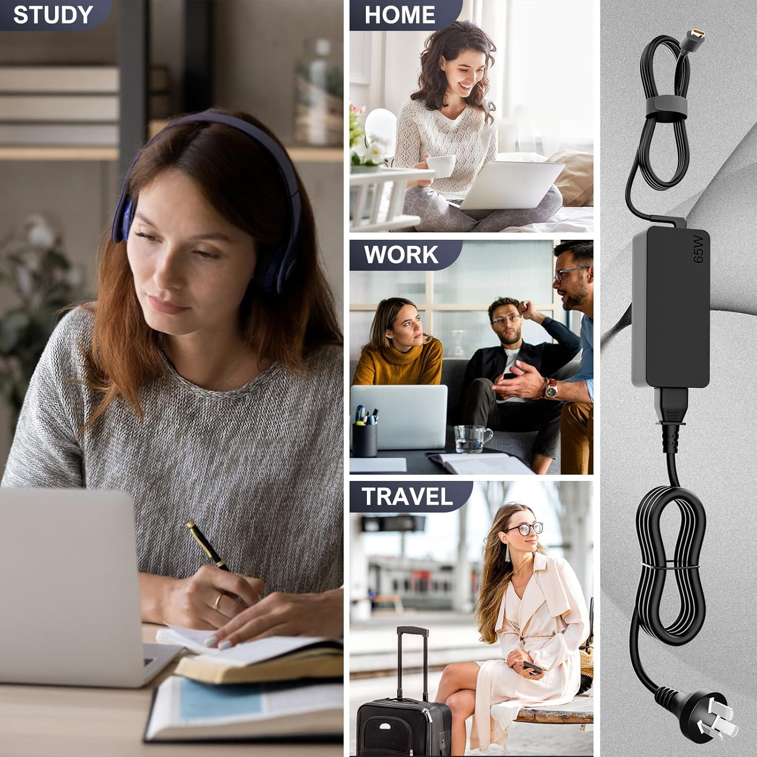 65W Usb-C/Type C USB C Laptop Charger Adapter for Lenovo Yoga Chromebook Series, Thinkpad T480, Yoga C930-13, S730-13, Thinkpad X1 Carbon, Type C Power Adapter HP Series with AU Power Cord image number 2