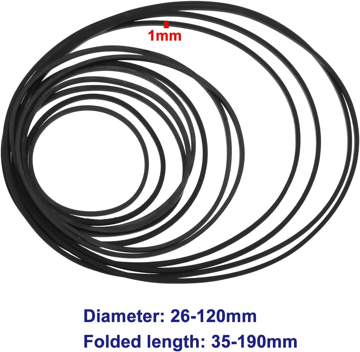 240PCS 1MM Recorder Rubber Belts Diameter 26-120Mm Folded Length 35-190Mm Mix Cassette Tape Machine Belt for DVD CD LD VCR Repeater Drives Black image number 4