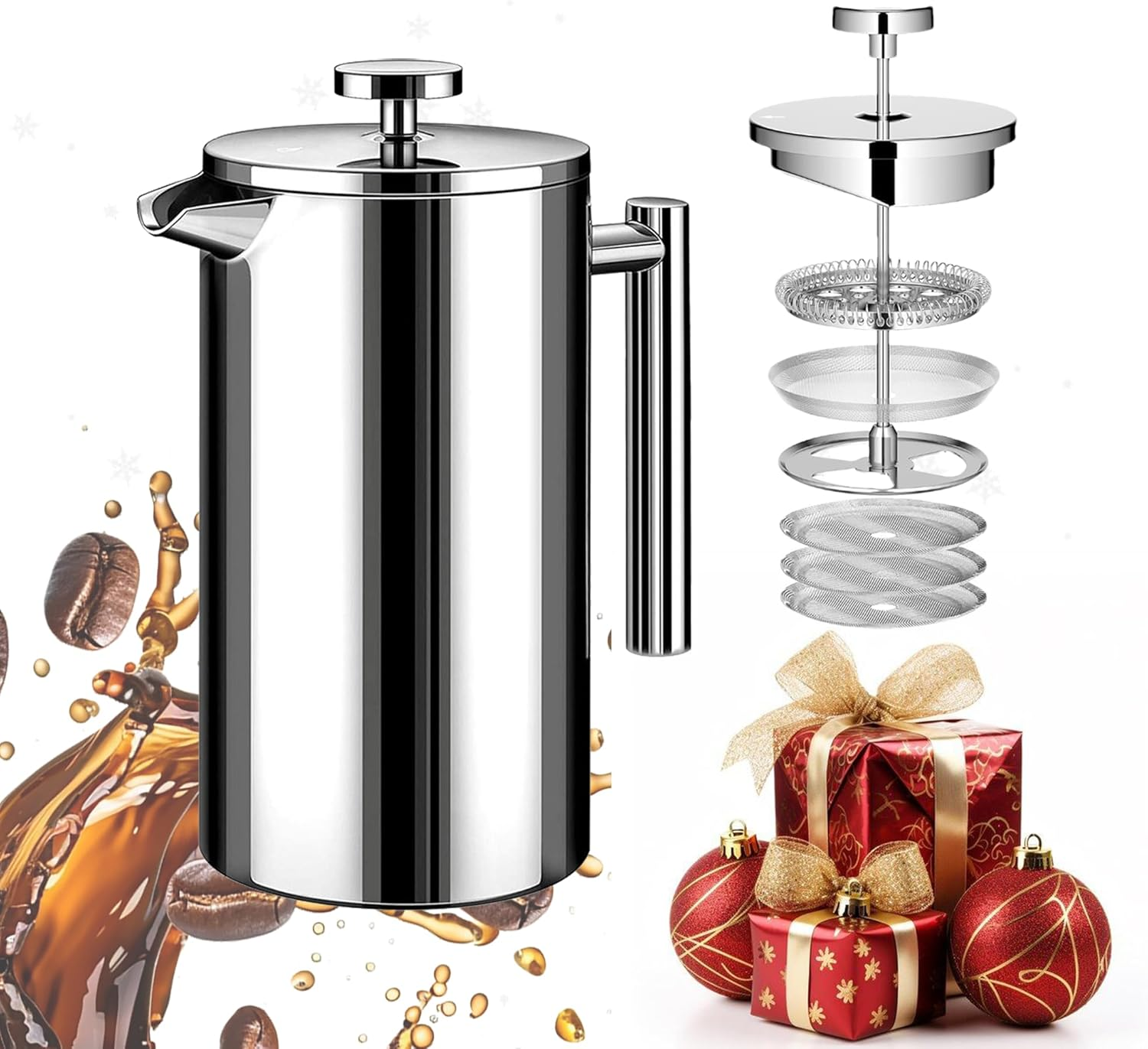 WORBIC French Press Coffee Maker, 34 Ounce Double-Wall Insulated Stainless Steel, 3 Level Filtration System with 3 Extra Filter Screens, French Press for Home, Camping and Office, Silver image number 5